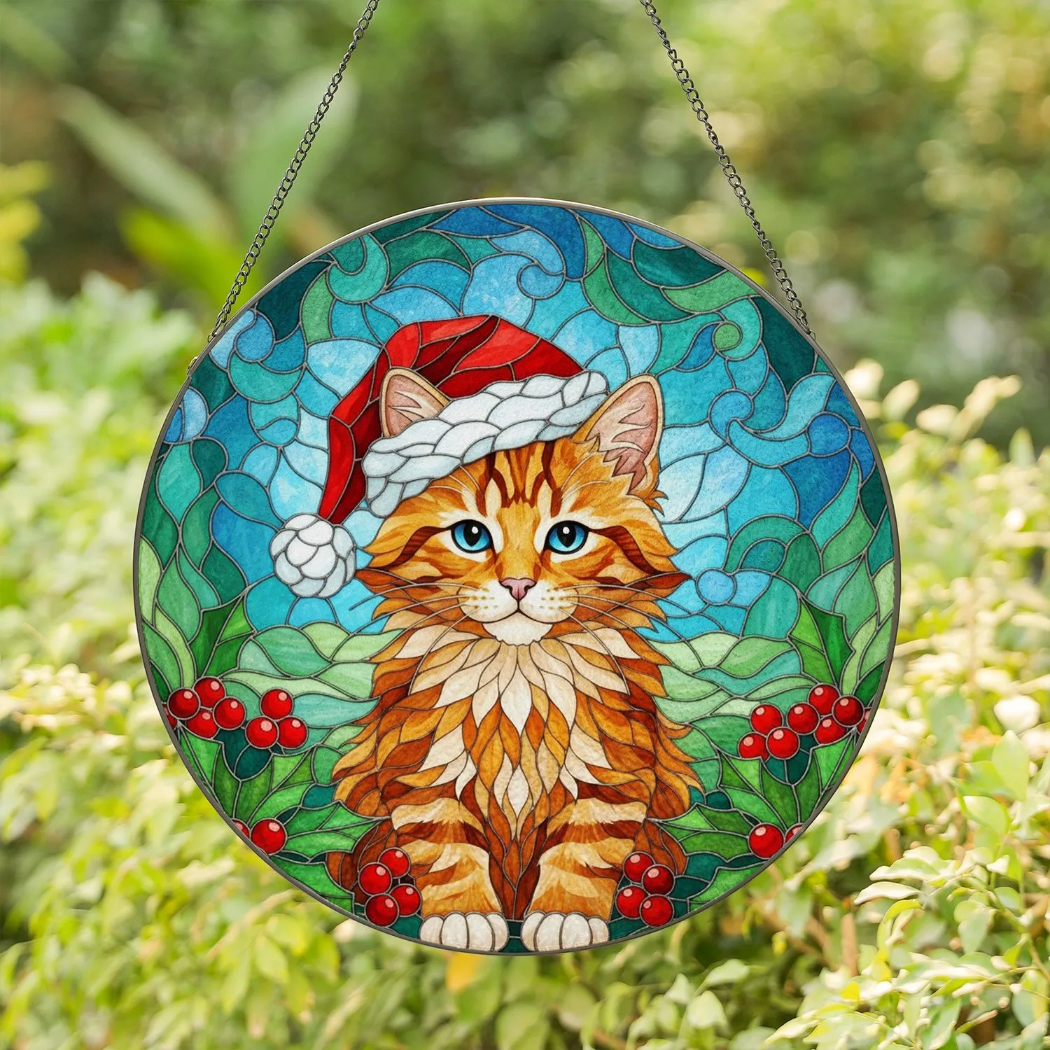 Orange Tabby Kitten Santa Hat Holly Berries Winter Sky Mosaic Christmas Cat Lover Gift Stained Glass Suncatcher - 1