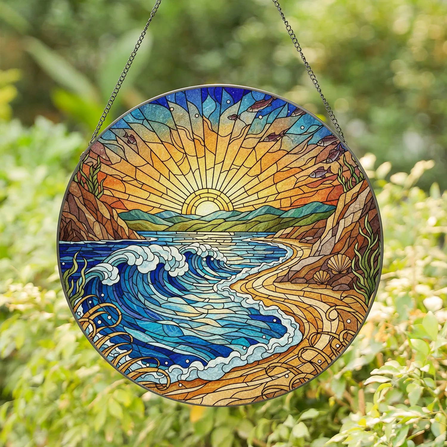 Tiffany Style Jewel Tone Stained Glass Ocean Waves Beach Sun Coastal Cliffs & Mountains Stained Glass Suncatcher - 1