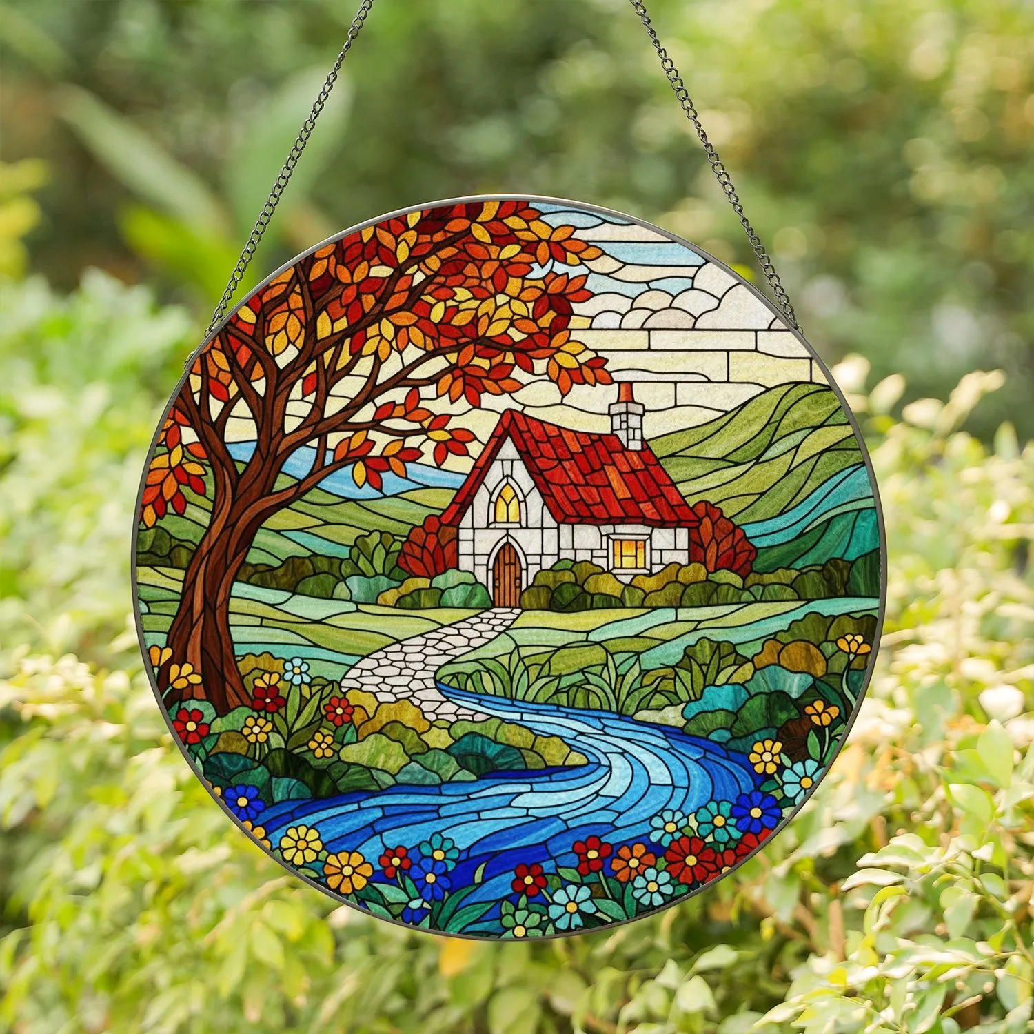 White Cottage Red Roof Autumn Tree River Stone Path Flowers Hills Glowing Translucent Stained Glass Suncatcher - 1