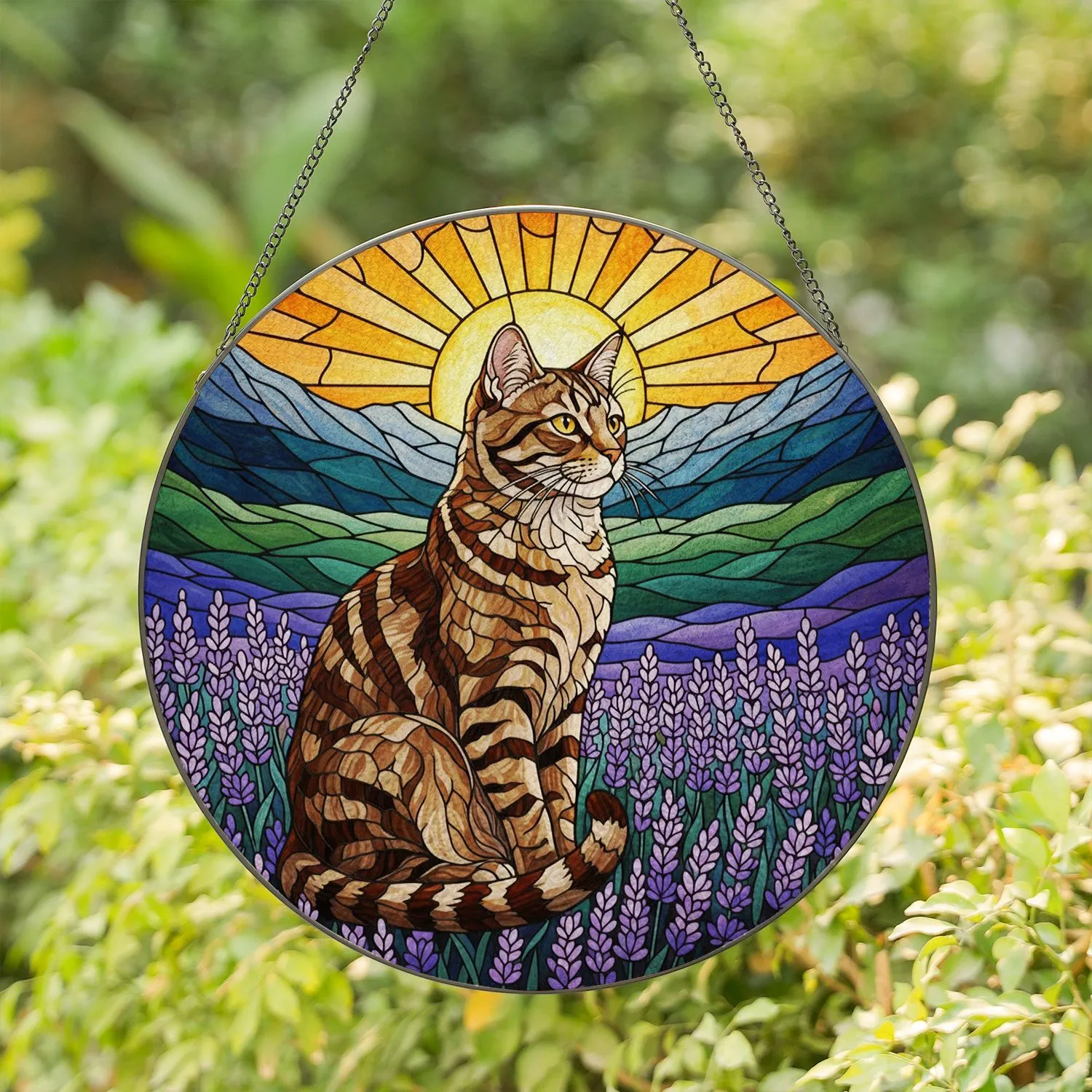 Majestic Tabby Cat Lavender Fields Sunrise - Tiffany Glass Inspired Art Display Stained Glass Suncatcher - 1