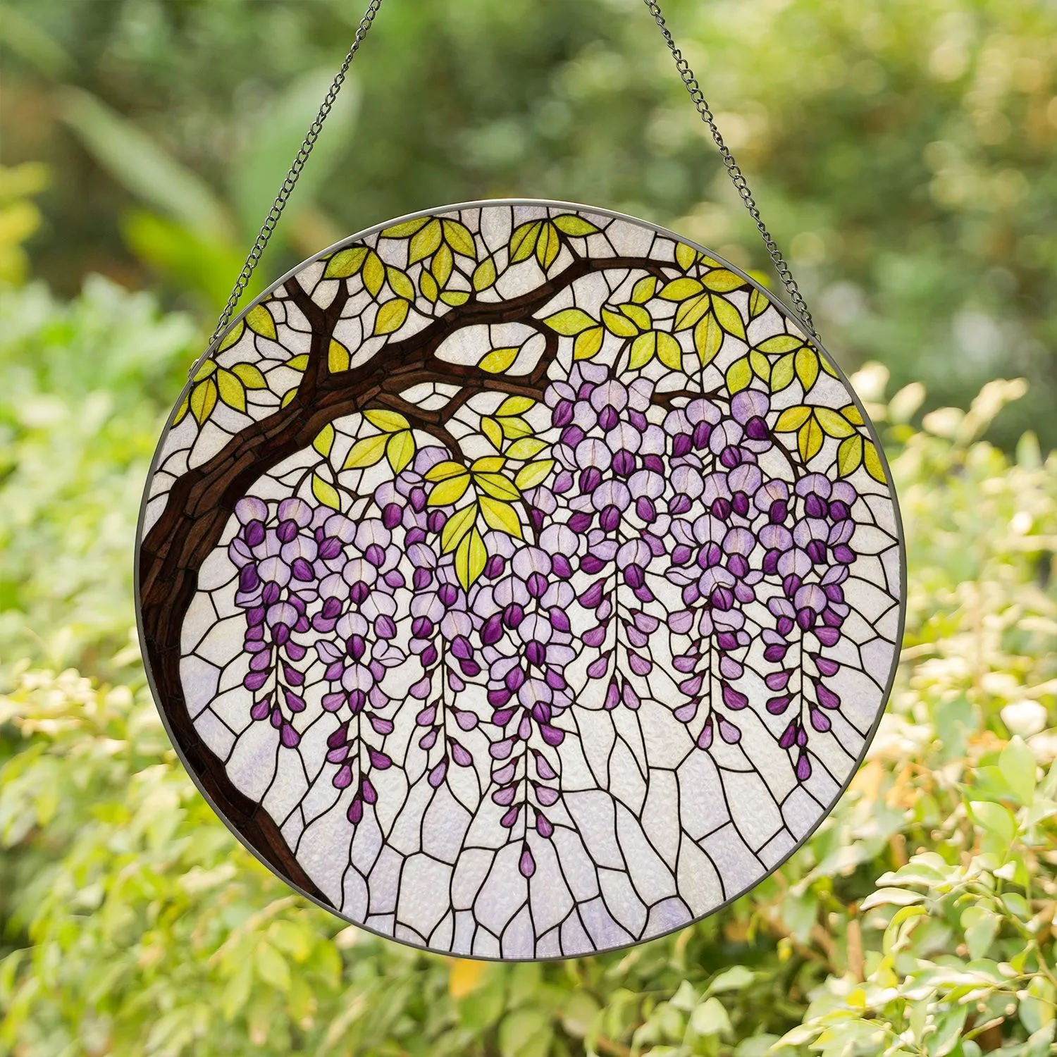 Wisteria Flowers Stained Glass Tiffany Style Mosaic Tree Branch Leaves Floral Stained Glass Suncatcher - 1