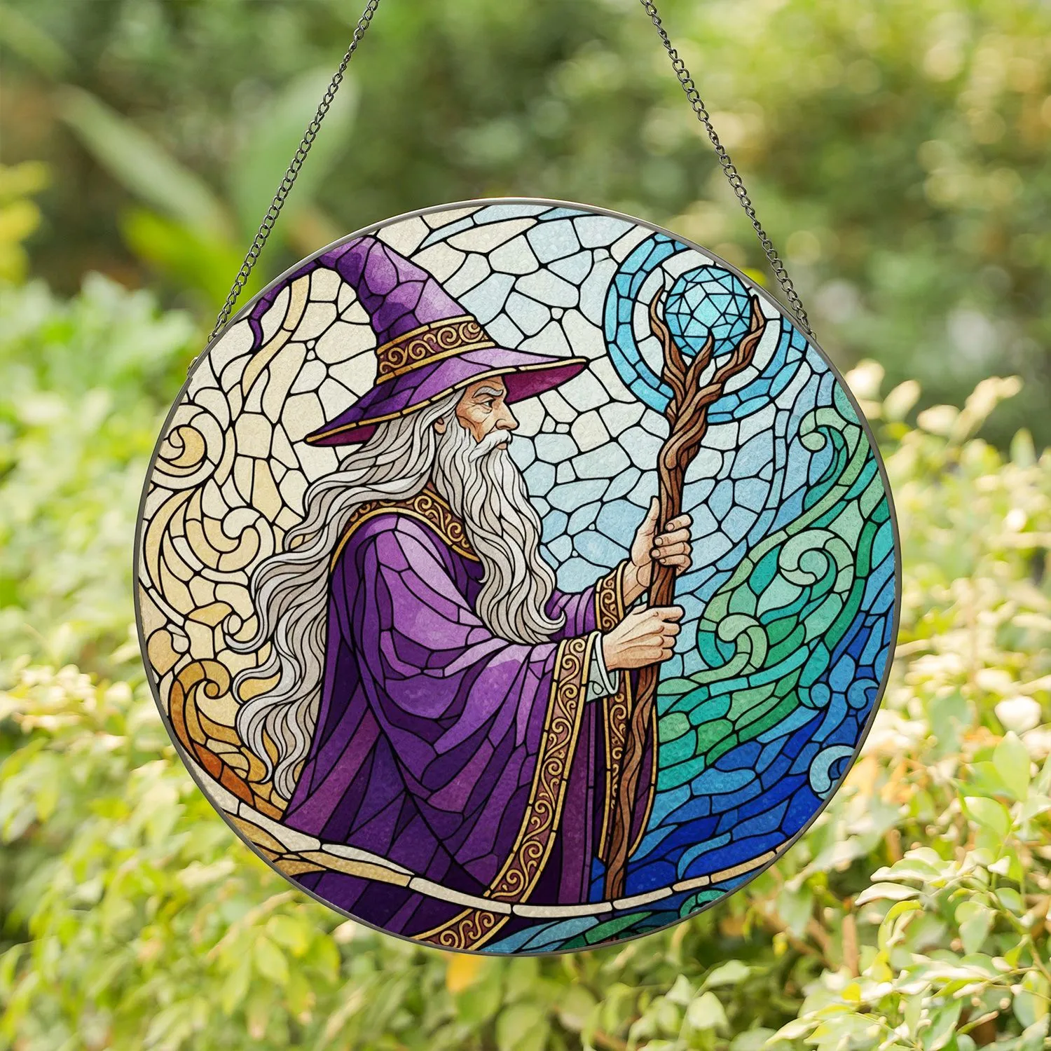 Wise Old Wizard Stained Glass Mosaic Art - Purple Hat Crystal Orb Staff Tiffany Style Stained Glass Suncatcher - 1