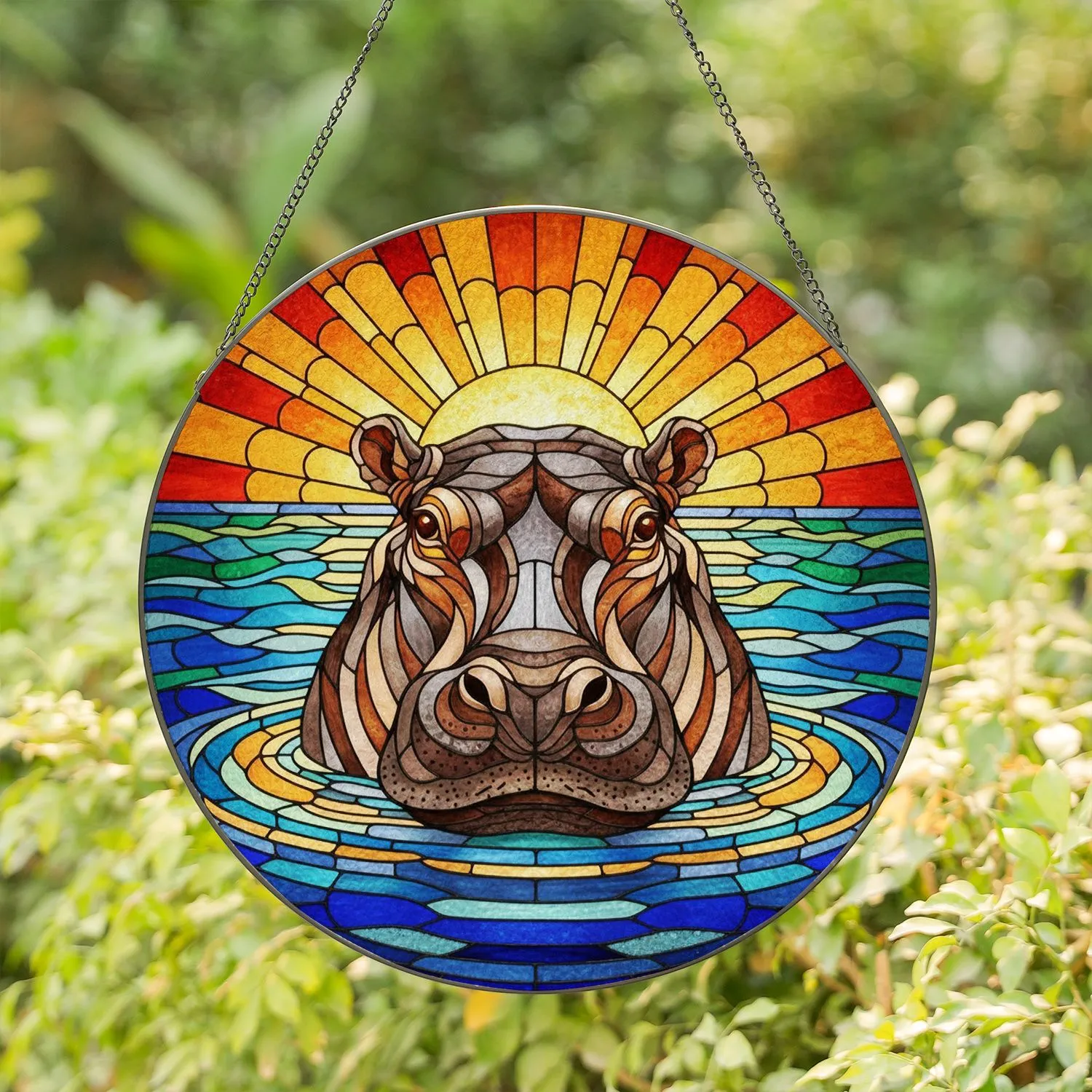 Hippo Stained Glass Mosaic Water Sunset Landscape - Glowing Jewel Tone Tiffany Art Stained Glass Suncatcher - 1
