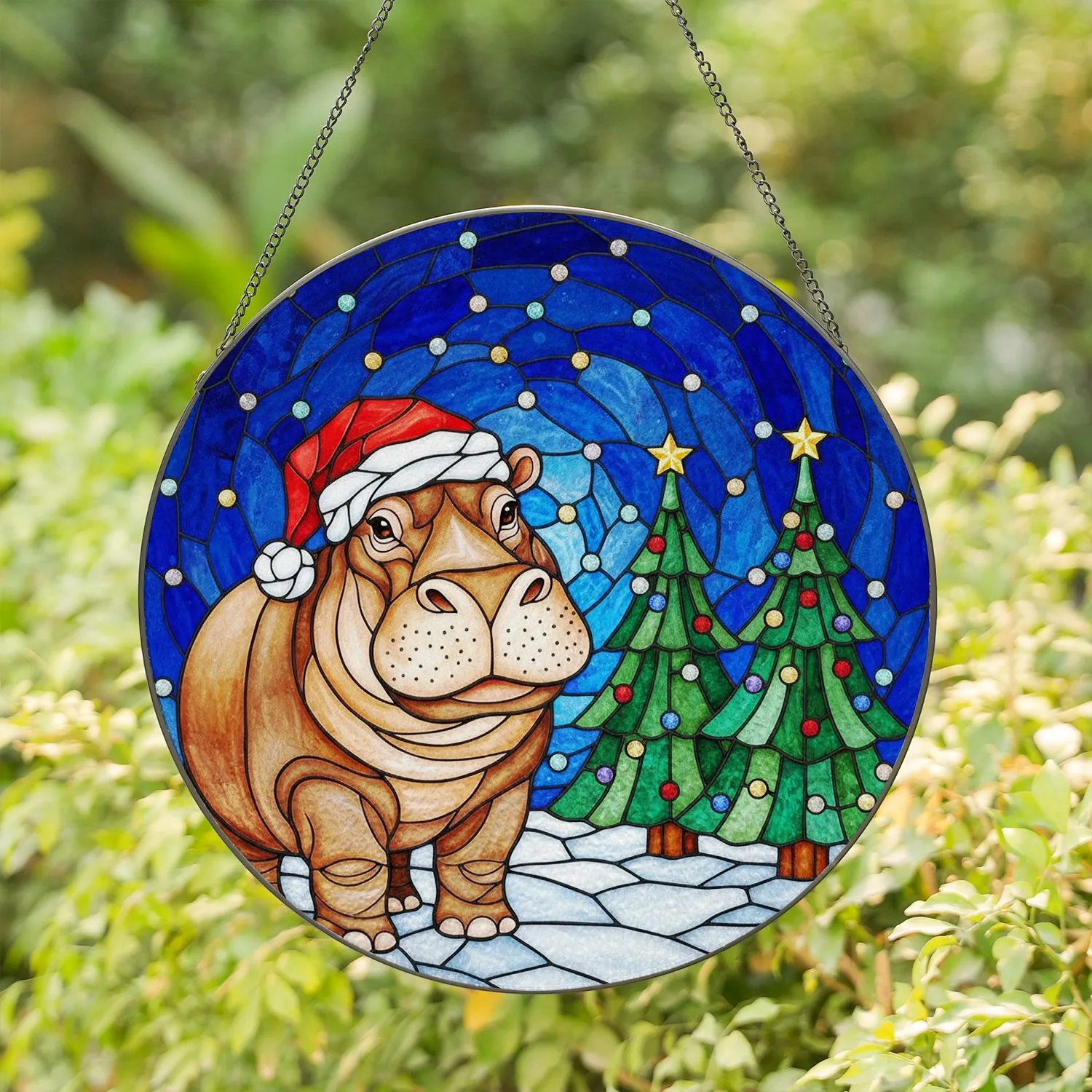 Hippo Santa Hat Christmas Trees Starry Sky Snow Mosaic Glowing - Festive Holiday Decor Gift Stained Glass Suncatcher - 1
