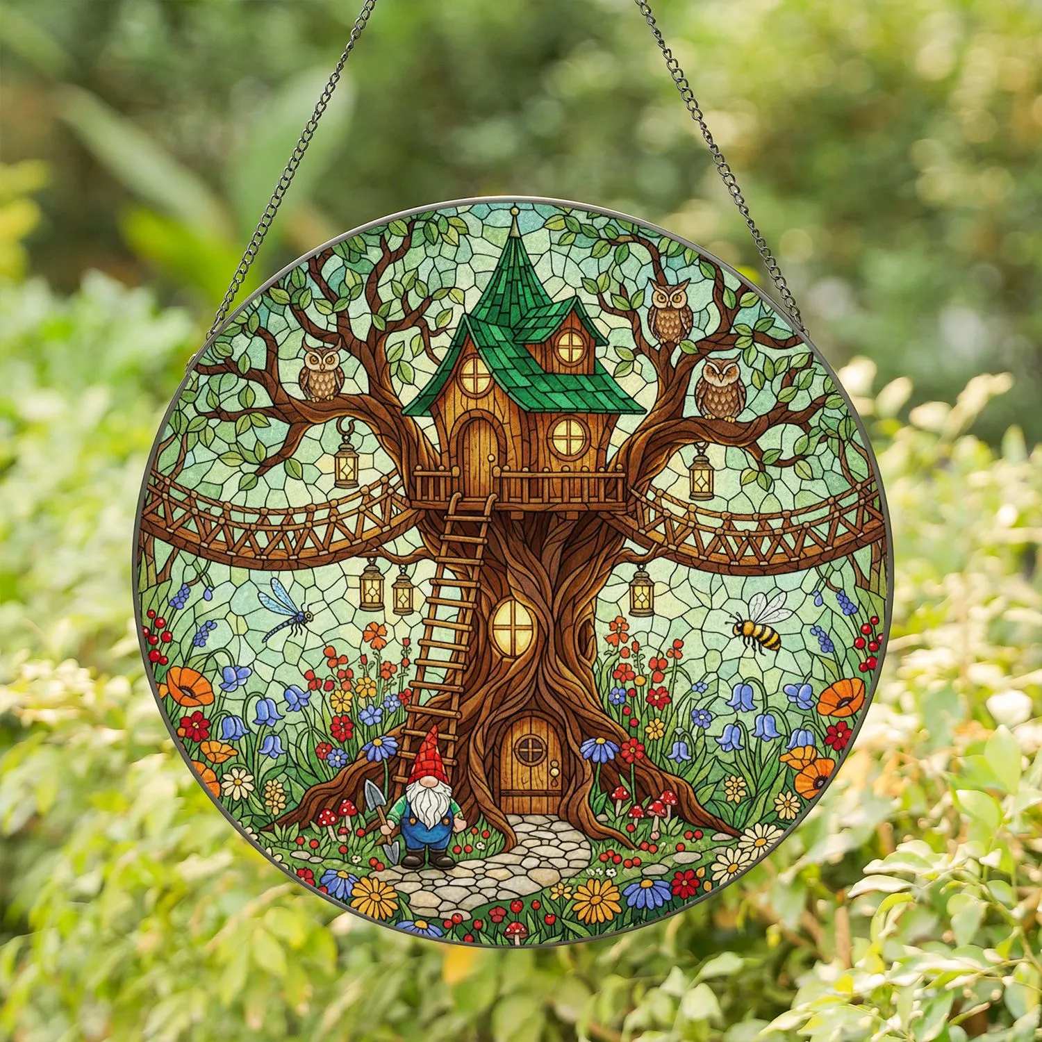 Treehouse Garden Gnome Stained Glass Tiffany Art Wildflowers Lanterns Dragonfly Stained Glass Suncatcher - 1