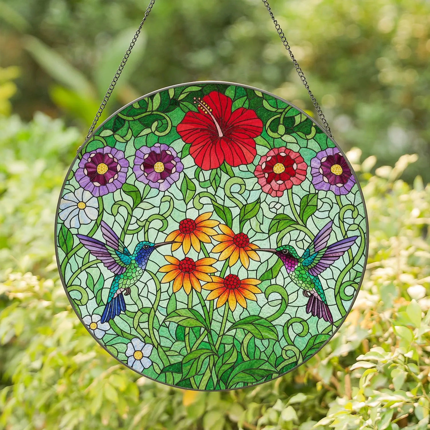 Two Hummingbirds Coneflowers Hibiscus Stained Glass - Garden Decor Gift for Bird Lovers Stained Glass Suncatcher - 1