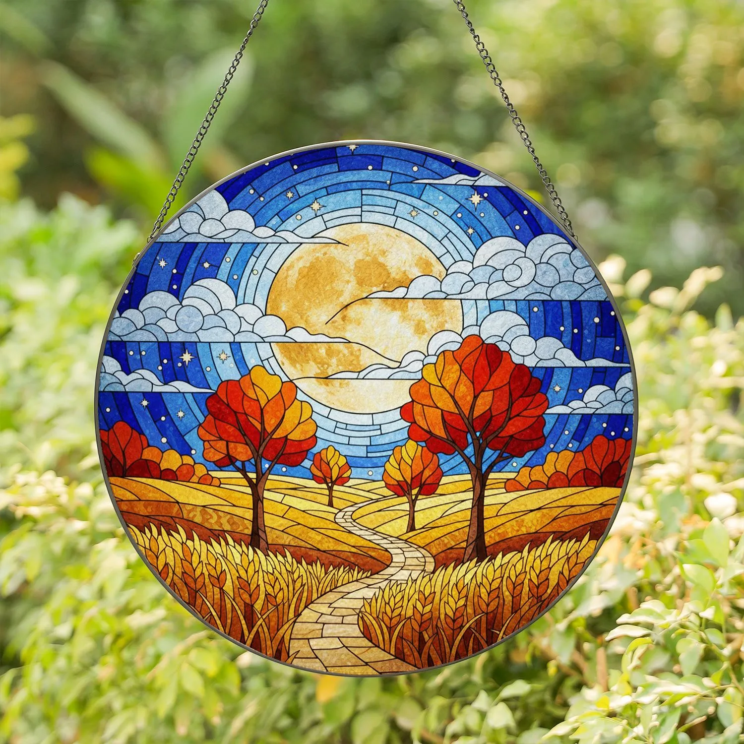 Intricate Stained Glass Celestial Moon Night Sky Golden Fields Autumn Trees Decor Stained Glass Suncatcher - 1