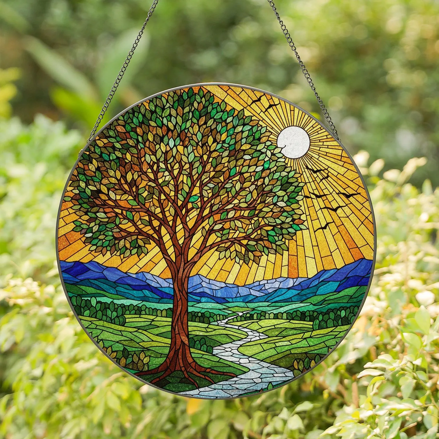 Stained Glass Mosaic Tree Sun Birds Mountain River Landscape Jewel Tone Home Decor Stained Glass Suncatcher - 1