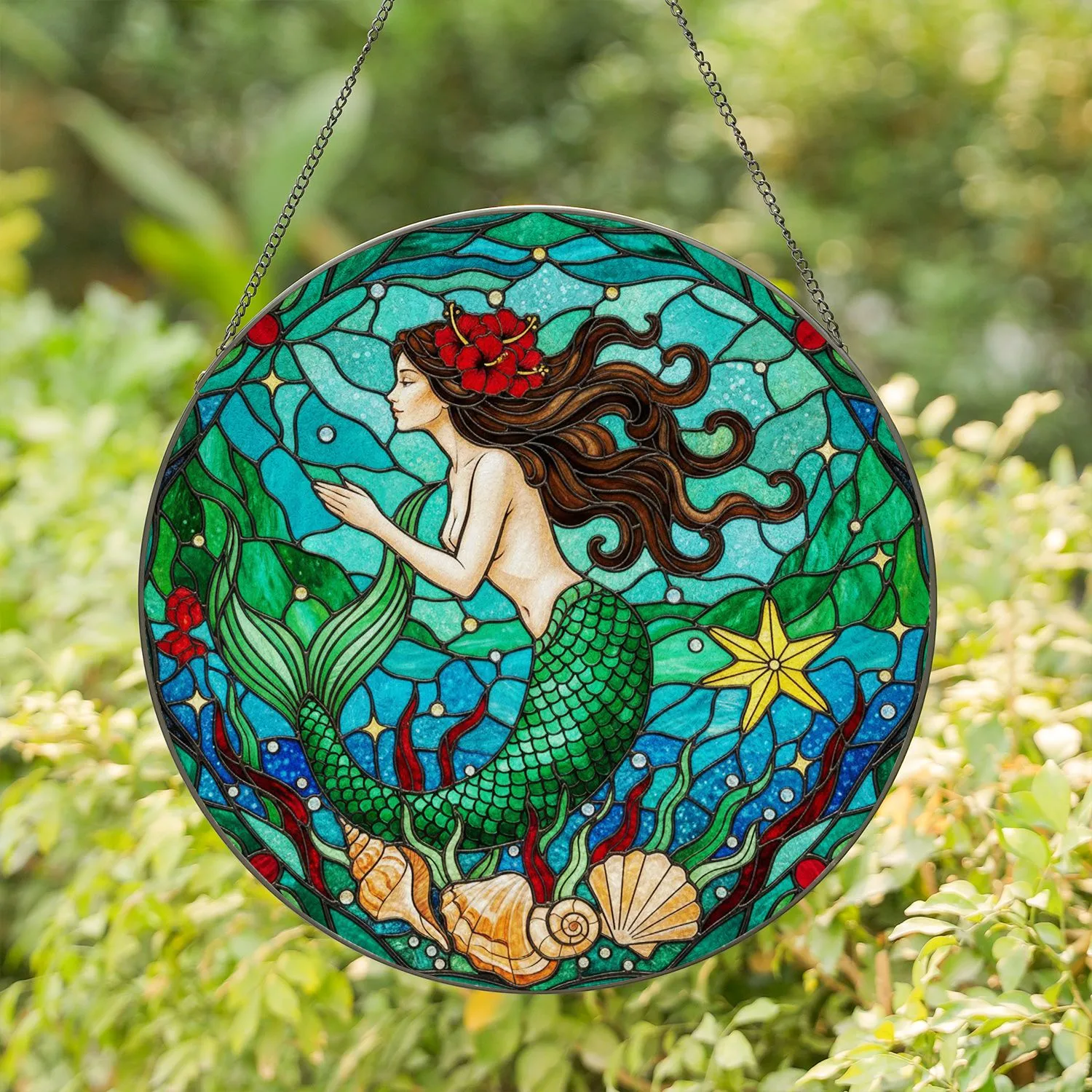 Mermaid Stained Glass Tiffany Style Deep Green Tail Red Floral Hair Seashells Aquatic Stained Glass Suncatcher - 1