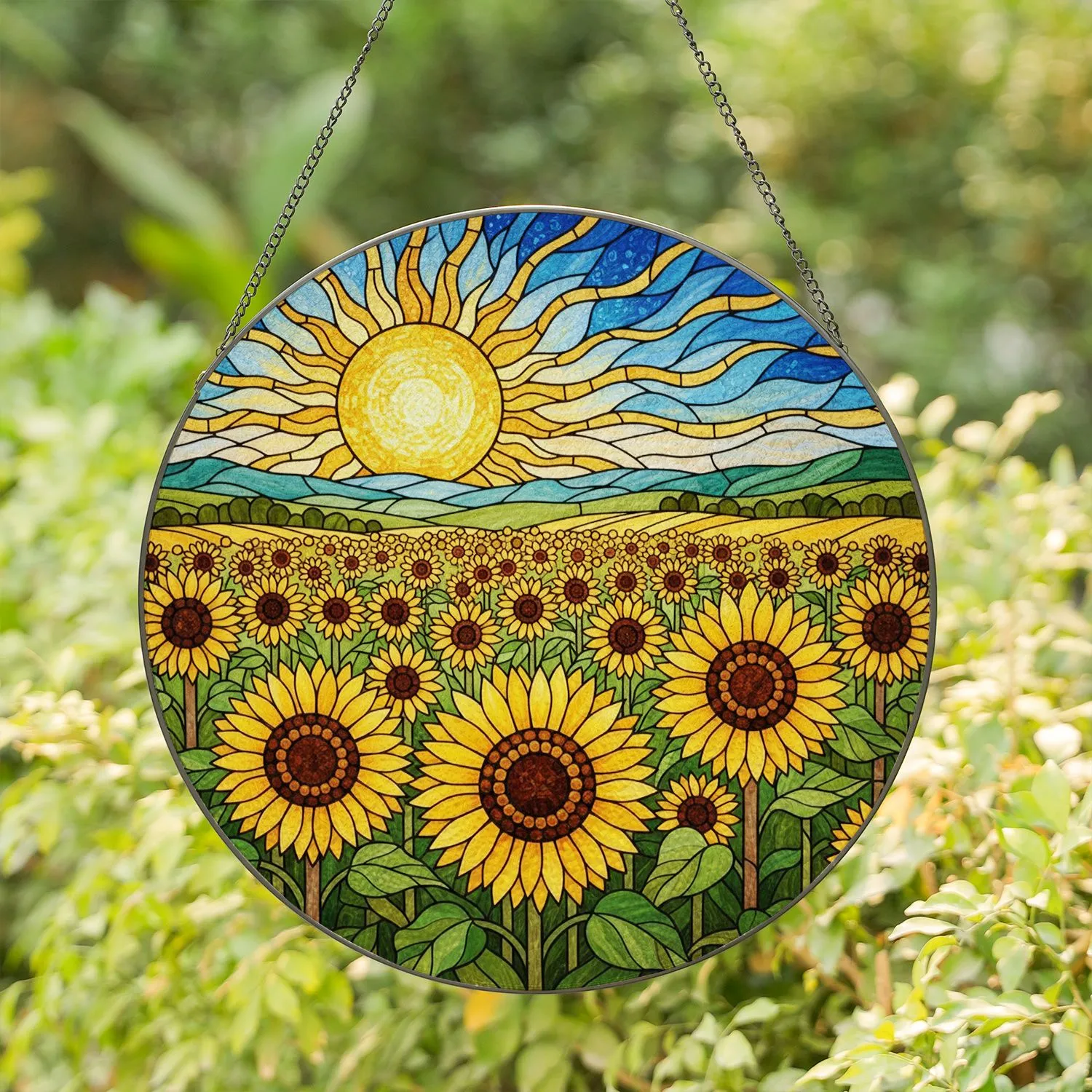 Intricate Tiffany Stained Glass Sunflowers Mosaic Sun Sky Hills Nature Garden Decor Stained Glass Suncatcher - 1