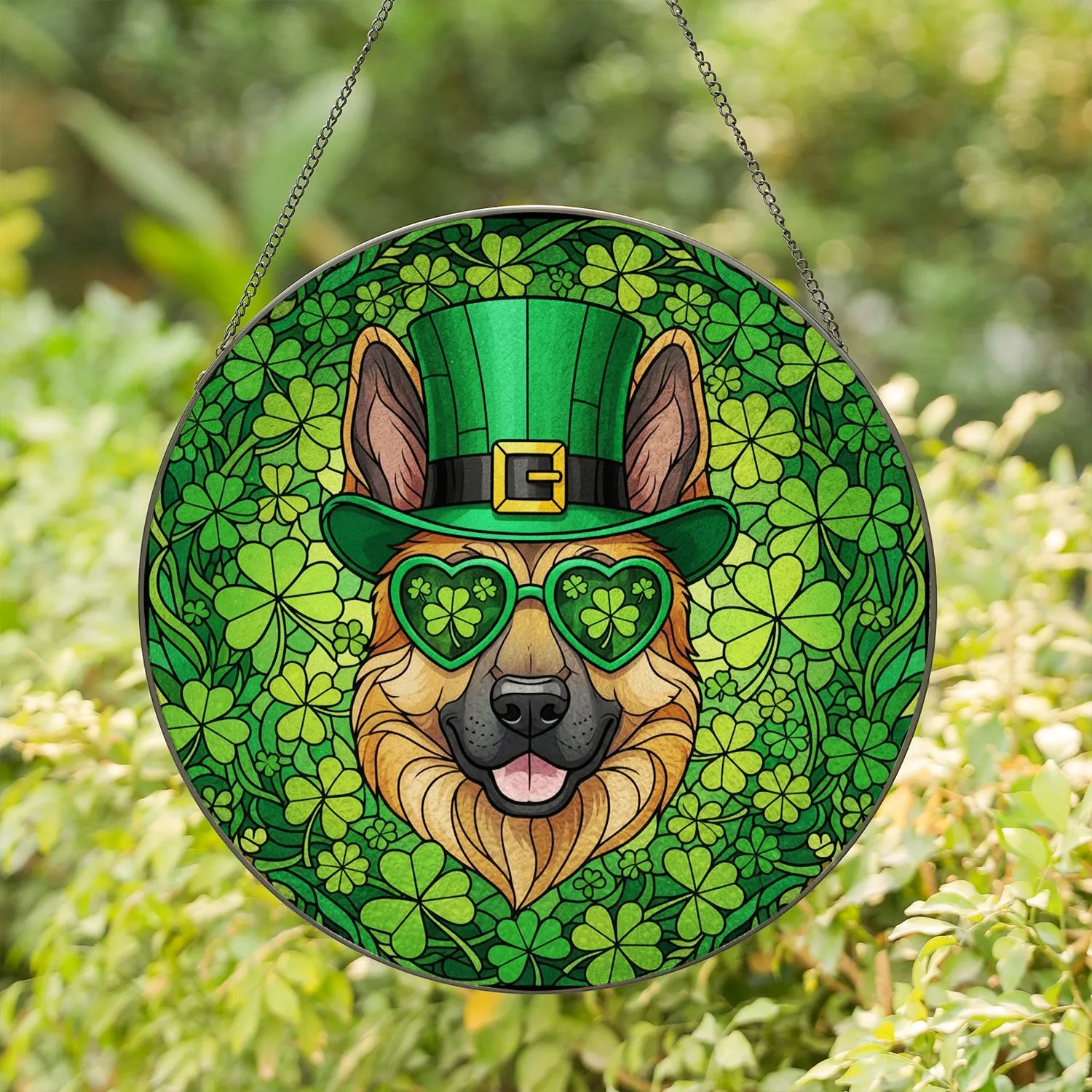 German Shepherd Dog Leprechaun Hat Shamrocks - St. Patrick's Day Irish Celebration Gift Stained Glass Suncatcher - 1
