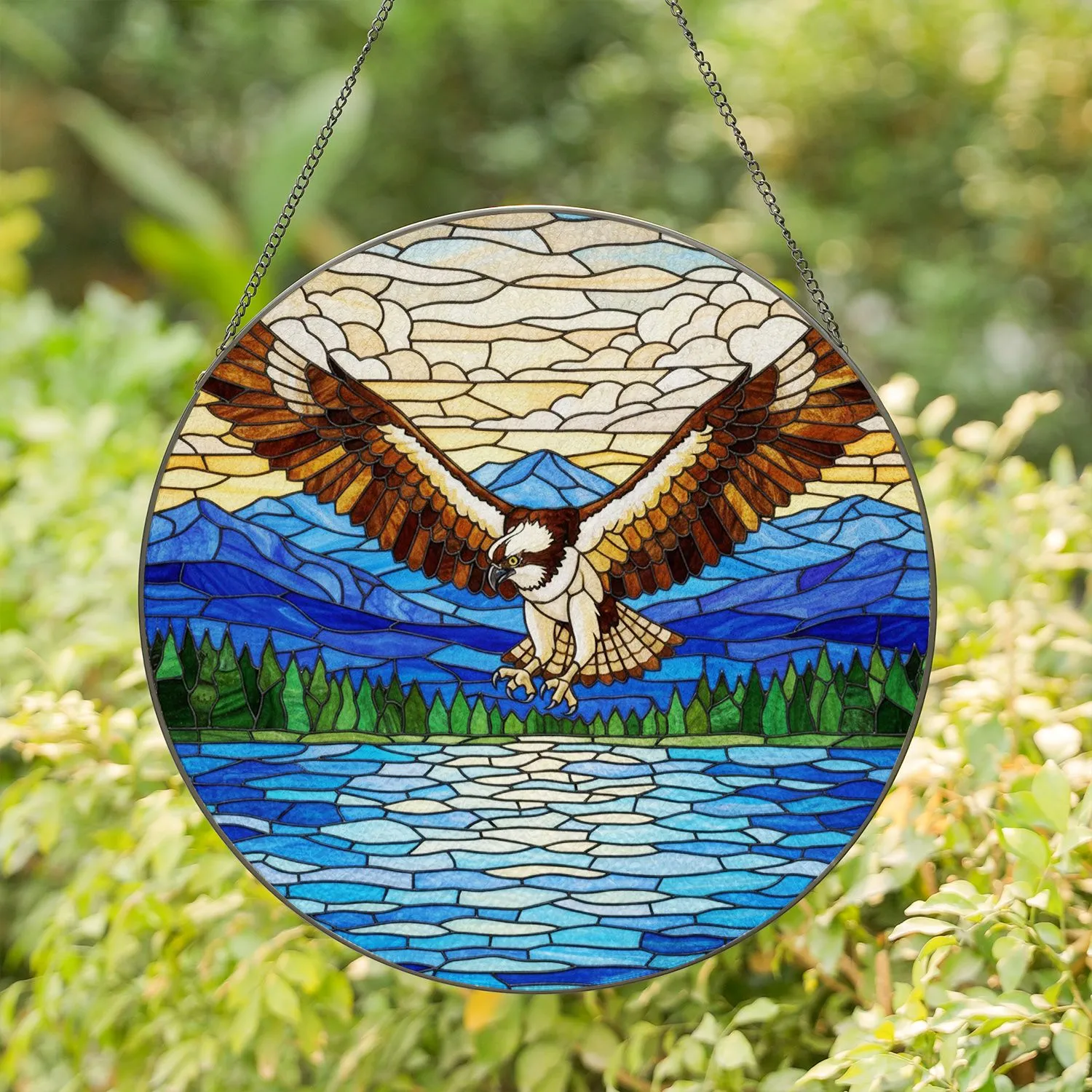 Osprey Diving Bird Stained Glass Look Mountain Forest Water Vibrant Jewel Tones Stained Glass Suncatcher - 1