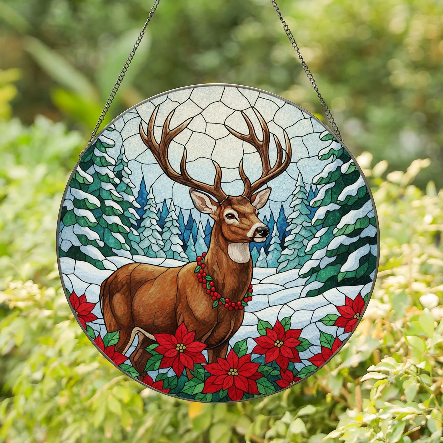 Deer Antlers Poinsettia Snowy Winter Forest - Tiffany Stained Glass Christmas Holiday Gift Stained Glass Suncatcher - 1