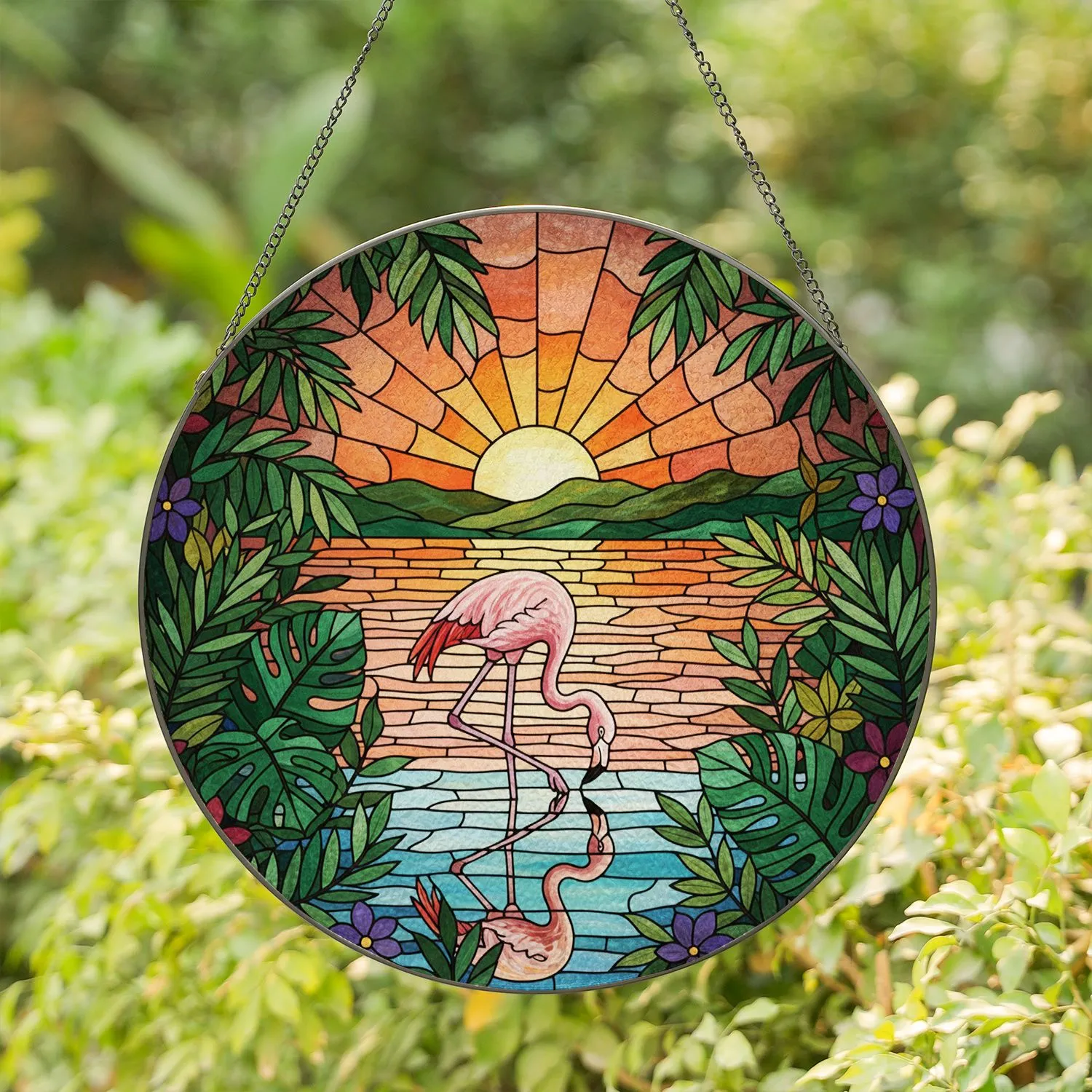 Pink Flamingo Tropical Sunset Stained Glass Mosaic - Tiffany Style Palm Leaf Home Decor Stained Glass Suncatcher - 1