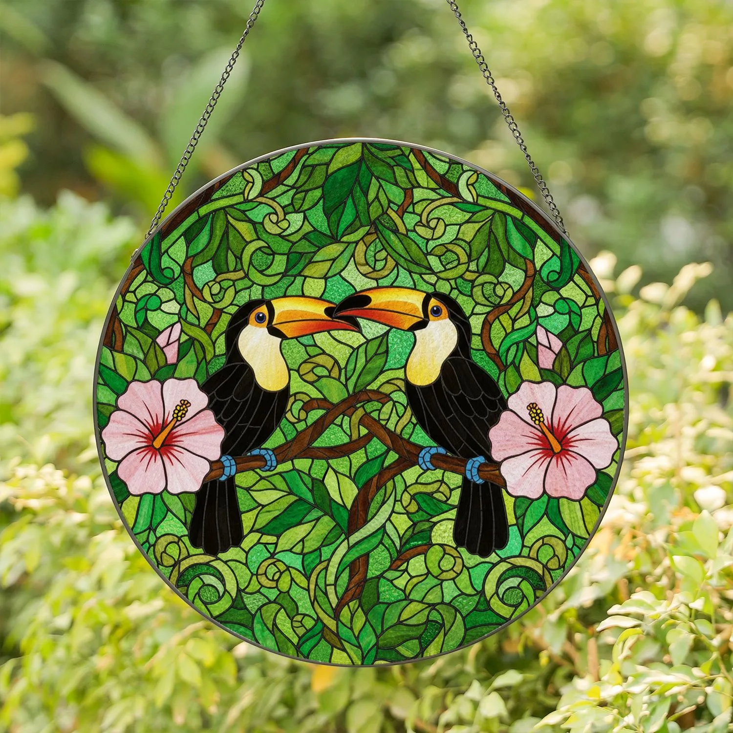 Tiffany Style Toucans Pink Hibiscus Tropical Leaves Colorful Intricate Stained Glass Stained Glass Suncatcher - 1