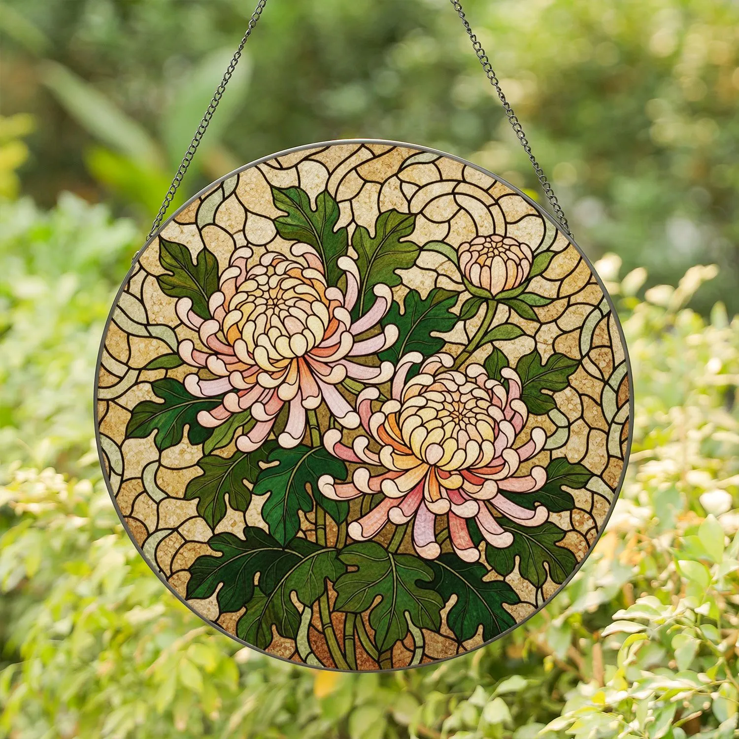 Tiffany Style Chrysanthemum Flowers - Jewel Tone Emerald Leaves & Amber Mosaic Background Stained Glass Suncatcher - 1