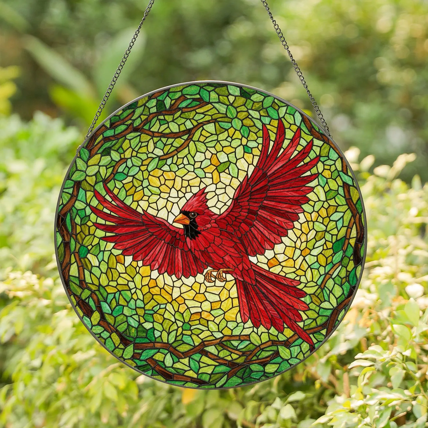 Intricate Stained Glass Cardinal Bird in Flight Tiffany Style Forest Canopy Mosaic Stained Glass Suncatcher - 1
