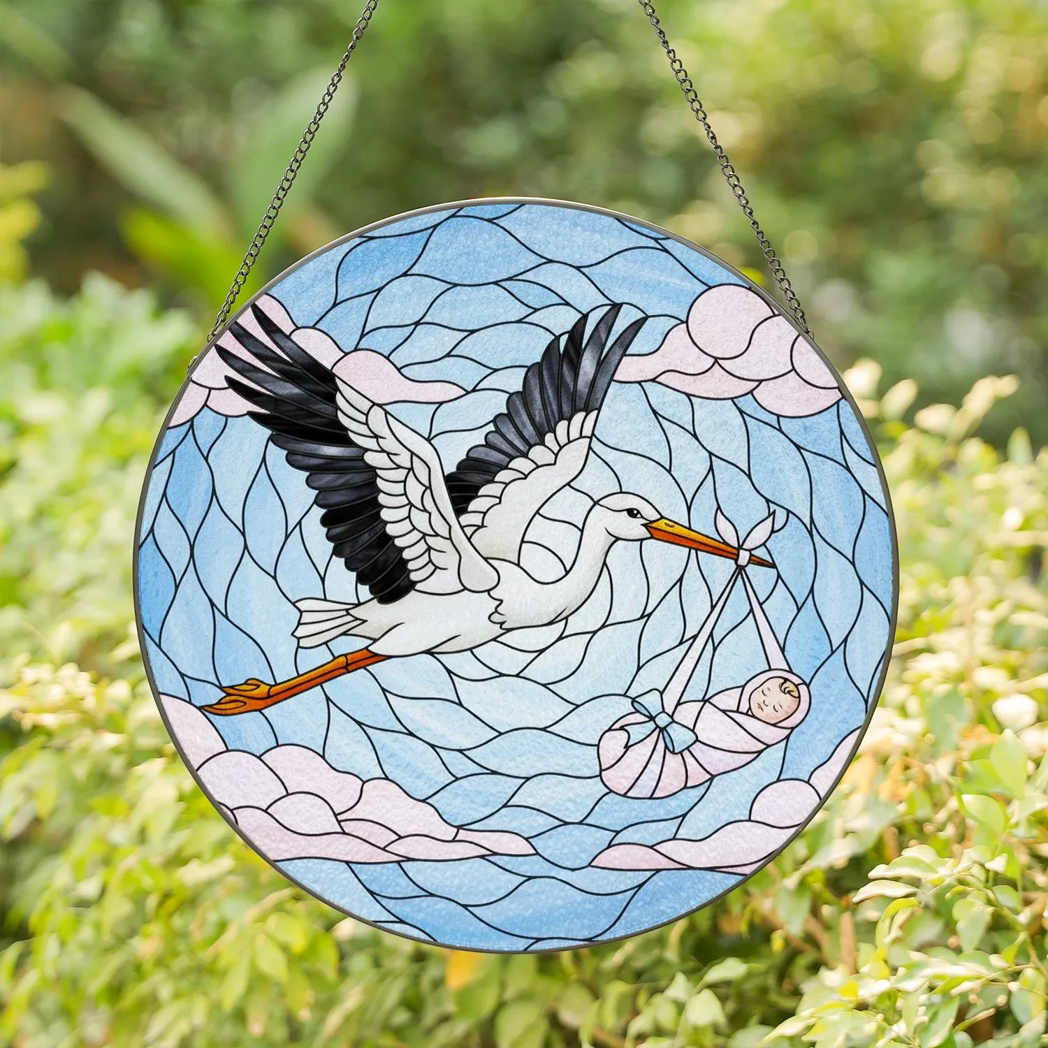 Stained Glass Stork Carrying Newborn Baby Art - New Baby Shower Gift for Expecting Parents Stained Glass Suncatcher - 1