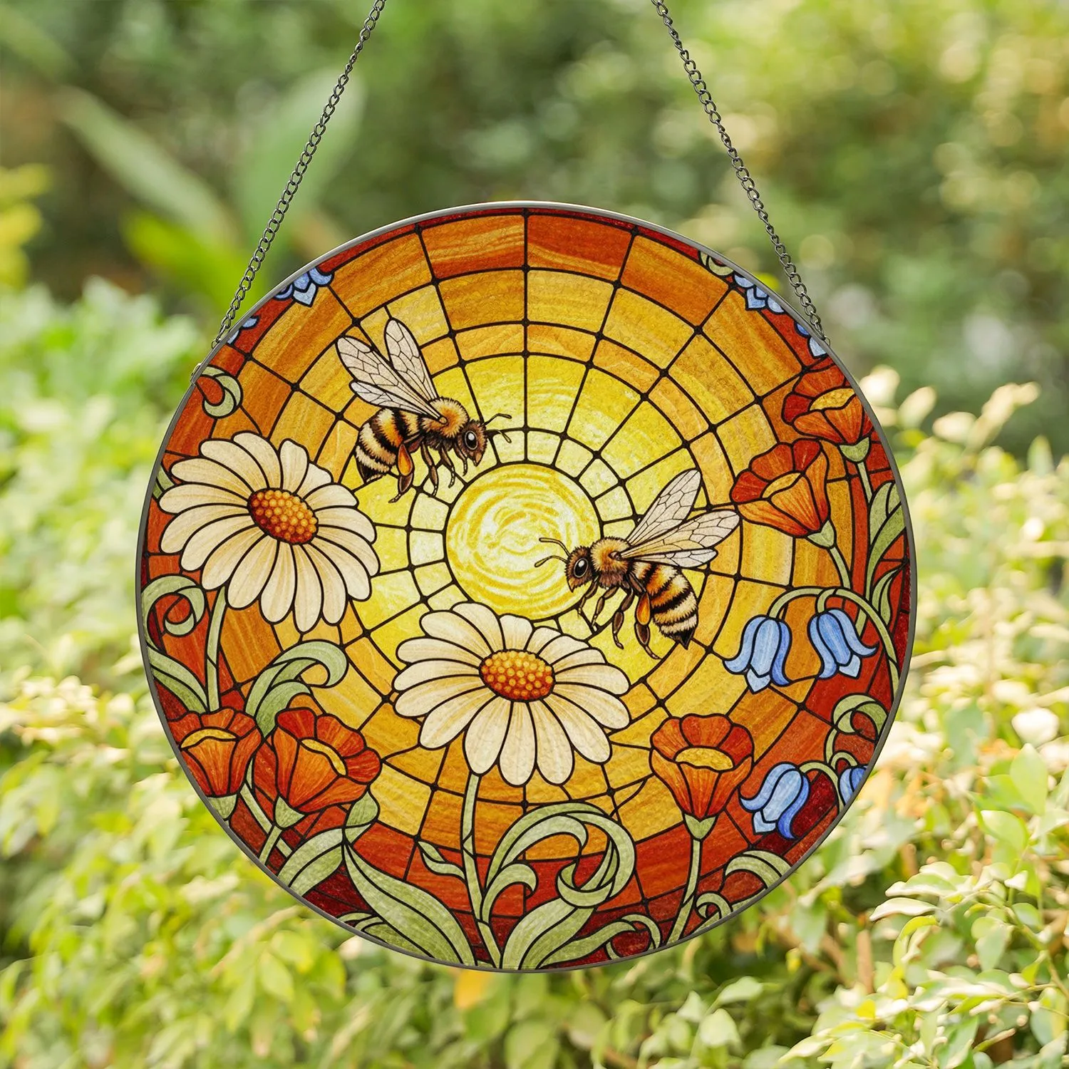 Busy Honeybee Wildflowers Mosaic Golden Sun Disc - Tiffany Jewel Tone Stained Glass Stained Glass Suncatcher - 1