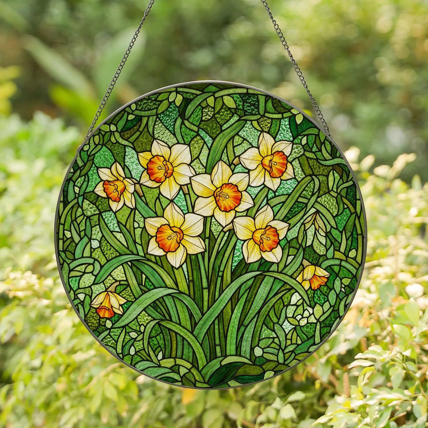 Tiffany Stained Glass Daffodil Mosaic - Intricate Jewel Tone Garden Floral Art Stained Glass Suncatcher - 1