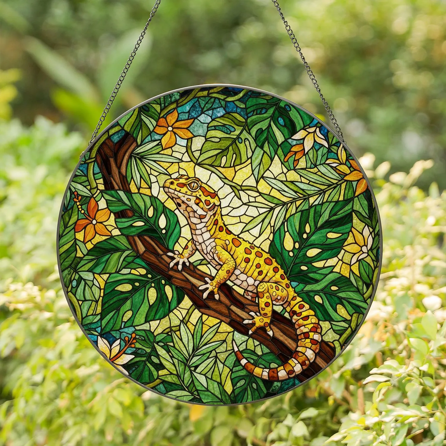 Leopard Gecko Stained Glass Mosaic Tropical Jungle Leaves Nature Art Decor Gift Stained Glass Suncatcher - 1