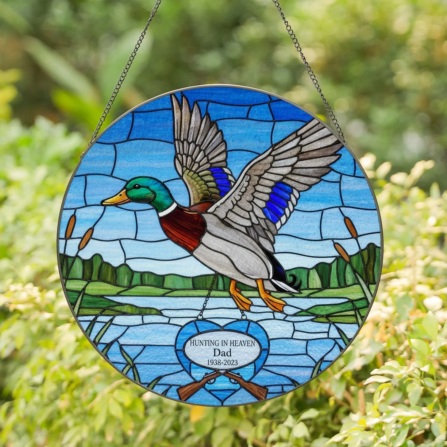 Mallard Duck Hunting In Heaven Dad 1938-2023 Memorial Crossed Hunting Rifles Stained Glass Suncatcher - 1