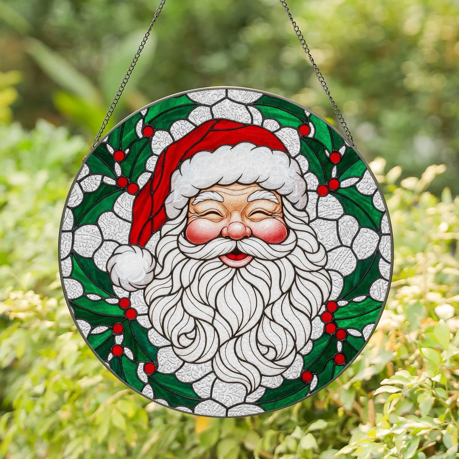 Jolly Santa Claus Stained Glass Mosaic with Holly Berries - Festive Christmas Holiday Gift Decor Stained Glass Suncatcher - 1