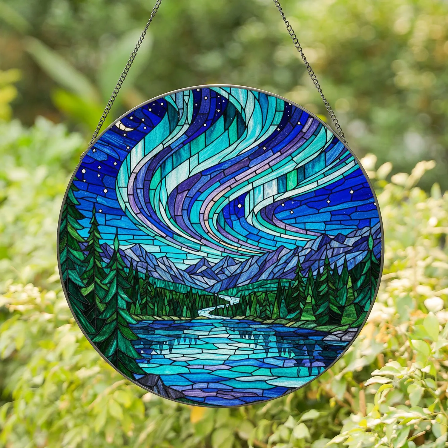 Aurora Borealis Tiffany Stained Glass Jewel Tone Mountain Lake Night Sky Forest Stained Glass Suncatcher - 1