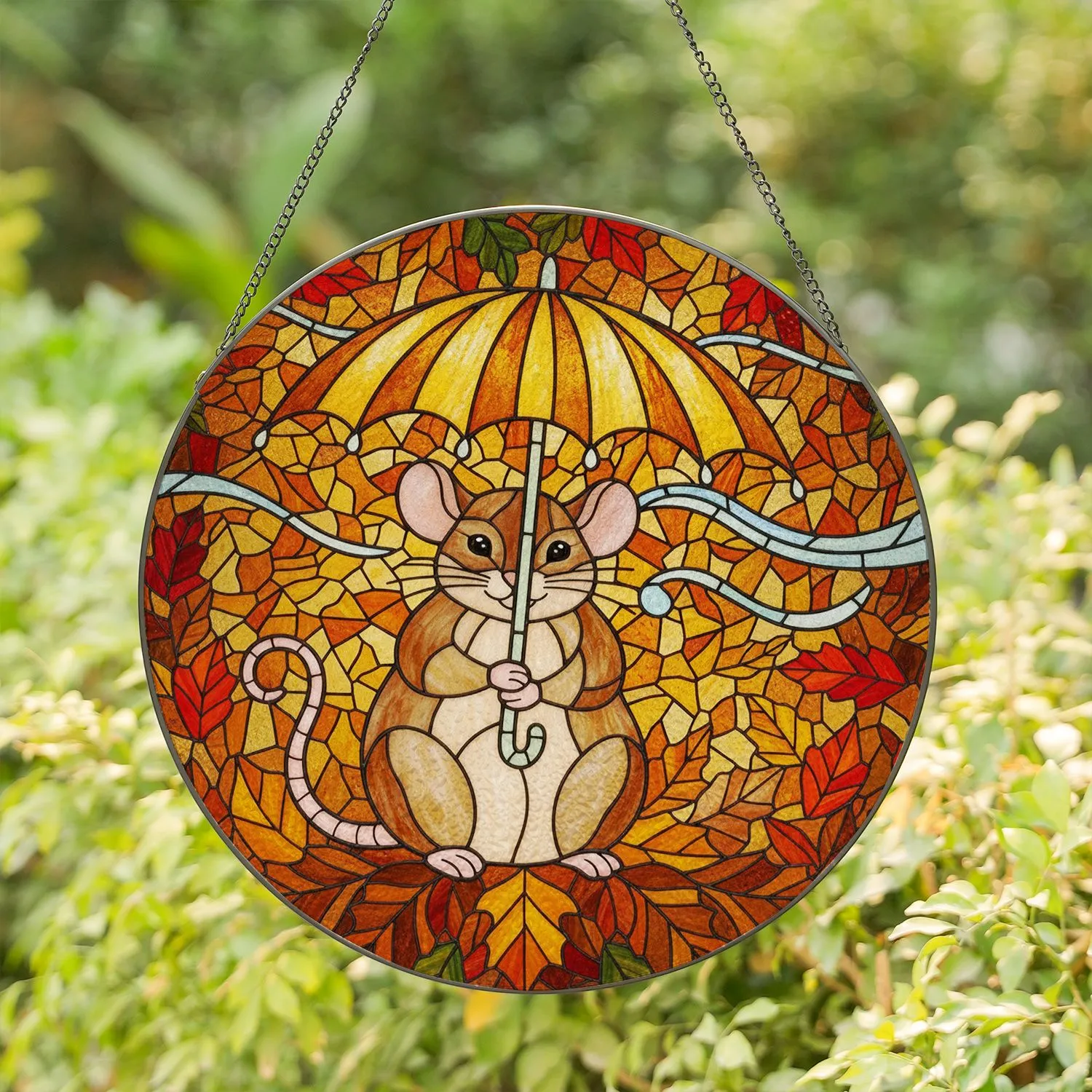 Tiffany Style Stained Glass Mouse, Umbrella, Autumn Leaves - Detailed Forest Art Stained Glass Suncatcher - 1