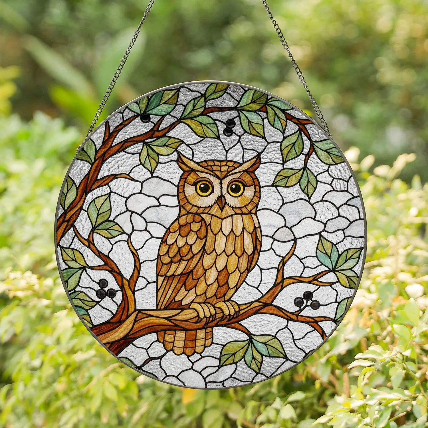 Brown Tan Owl Stained Glass Tiffany Art - Tree Branch Leaves Berries Mosaic Glass Design Stained Glass Suncatcher - 1