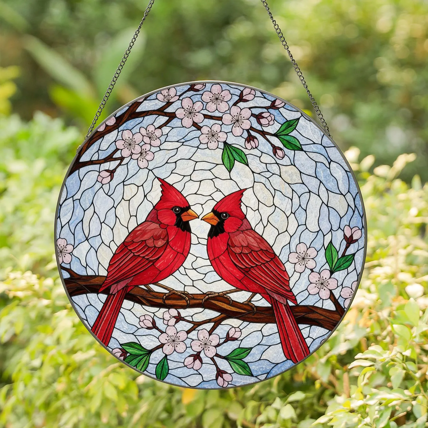 Red Cardinal Cherry Blossom Tiffany Stained Glass Mosaic Bird Branch Nature Art Gift Stained Glass Suncatcher - 1