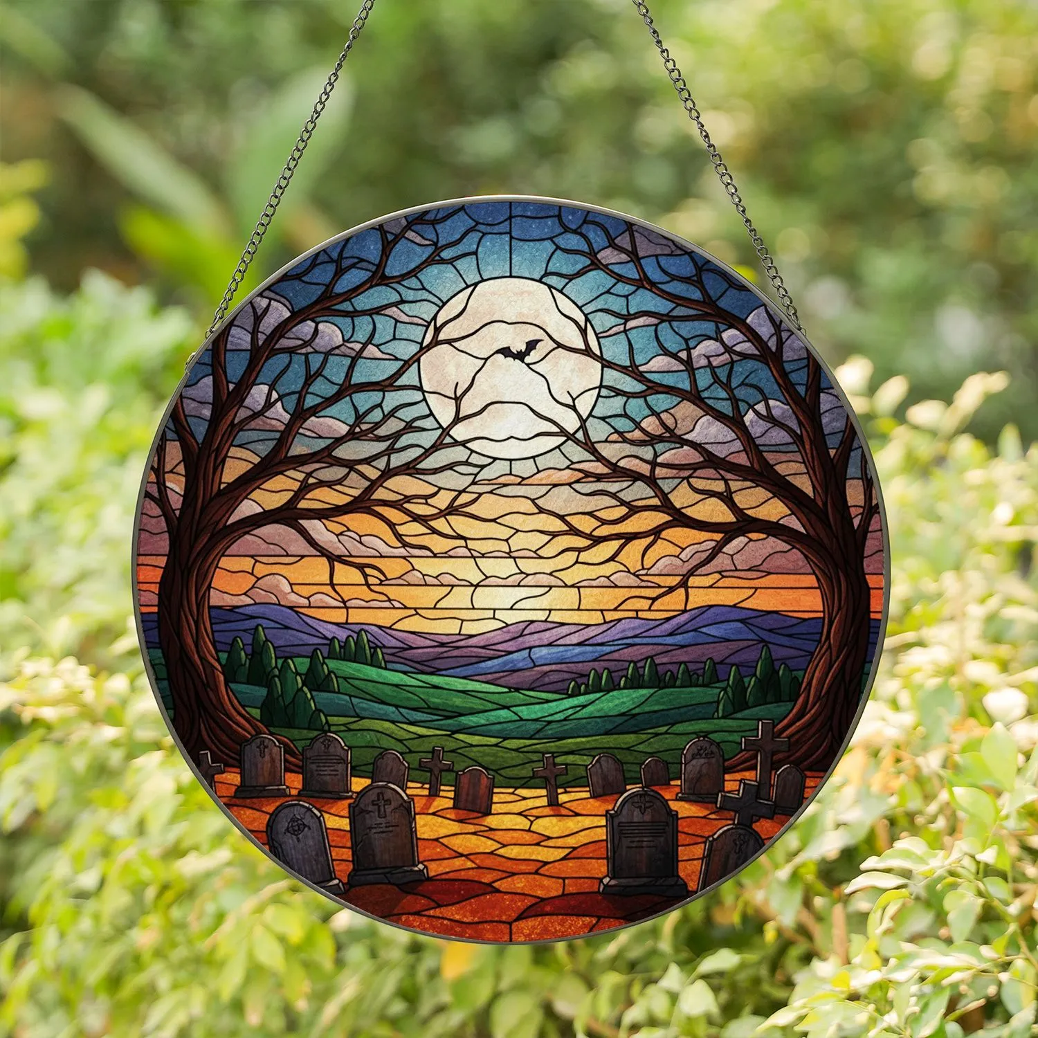 Full Moon Gnarled Trees Bat Tombstones Twilight Landscape - Spooky Halloween Home Decor Stained Glass Suncatcher - 1