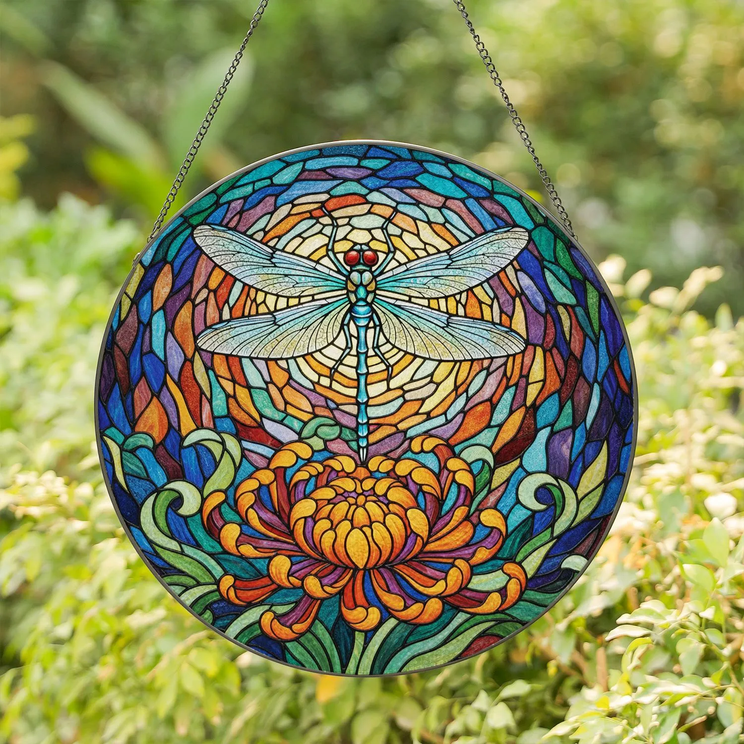 Dragonfly Chrysanthemum Stained Glass Art - Tiffany Style Jewel Tone Intricate Nature Decor Stained Glass Suncatcher - 1