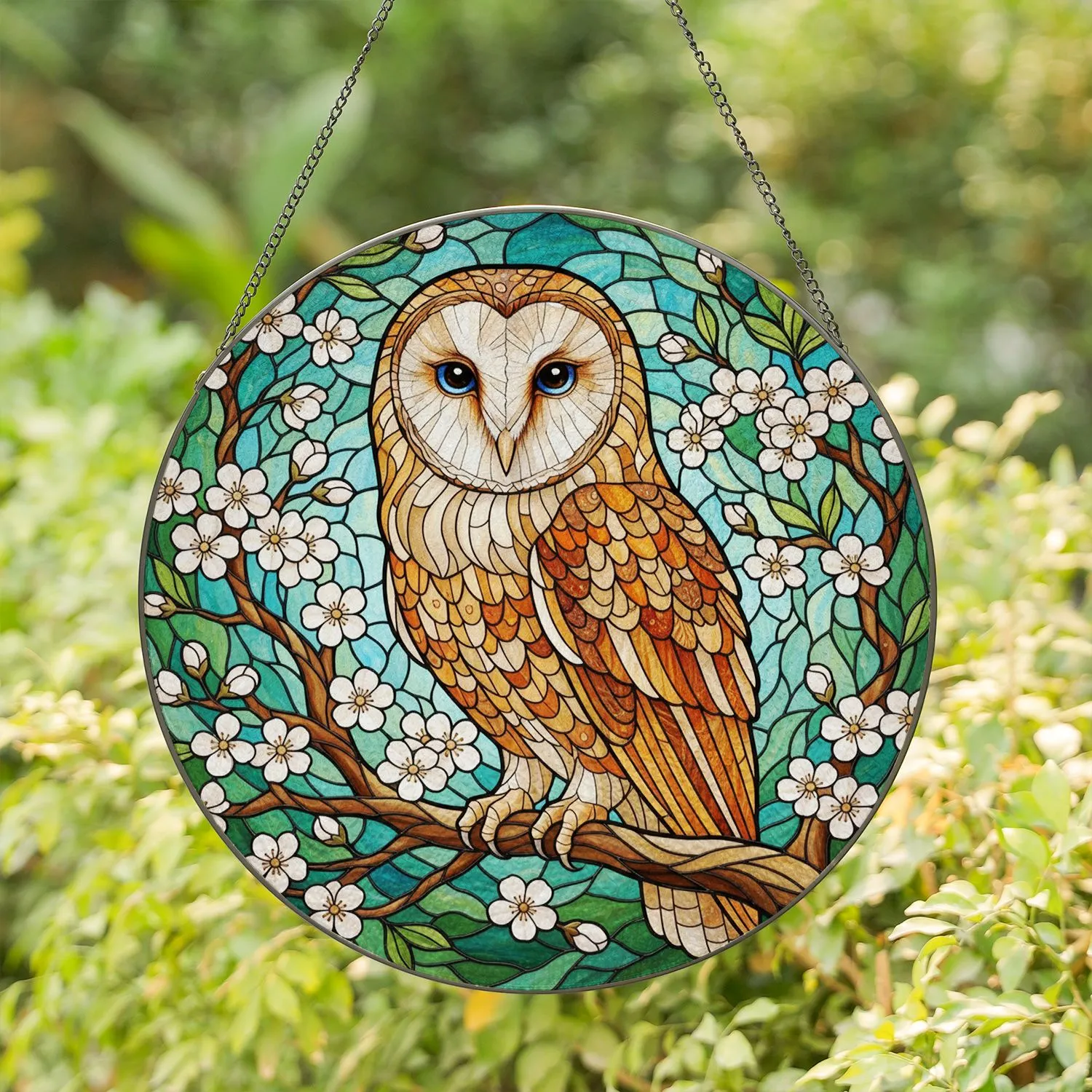Barn Owl Cherry Blossom Stained Glass - Tiffany Forest Sky Mosaic Jewel Tones Decor Stained Glass Suncatcher - 1
