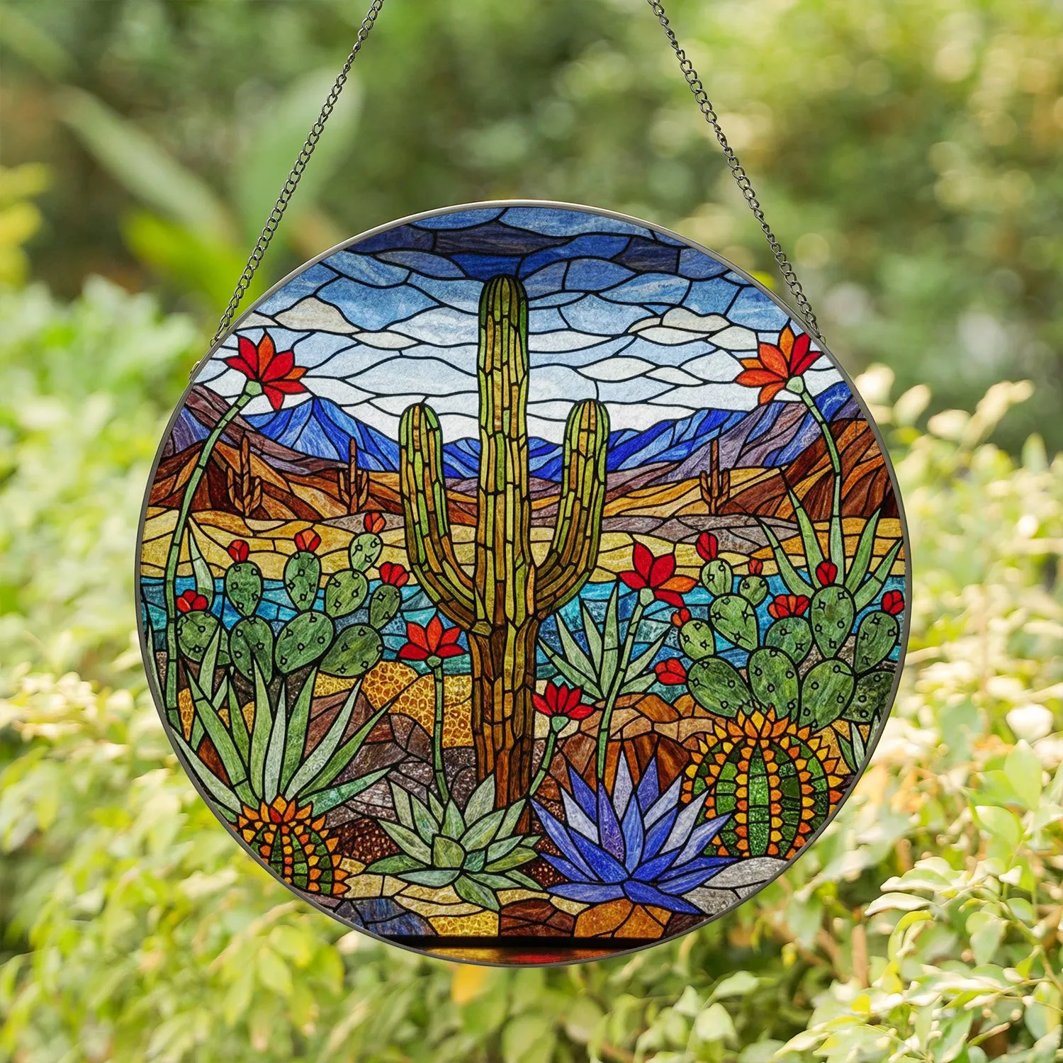 Saguaro Cactus Stained Glass Art - Southwest Desert Landscape Window Decor Gift Stained Glass Suncatcher - 1