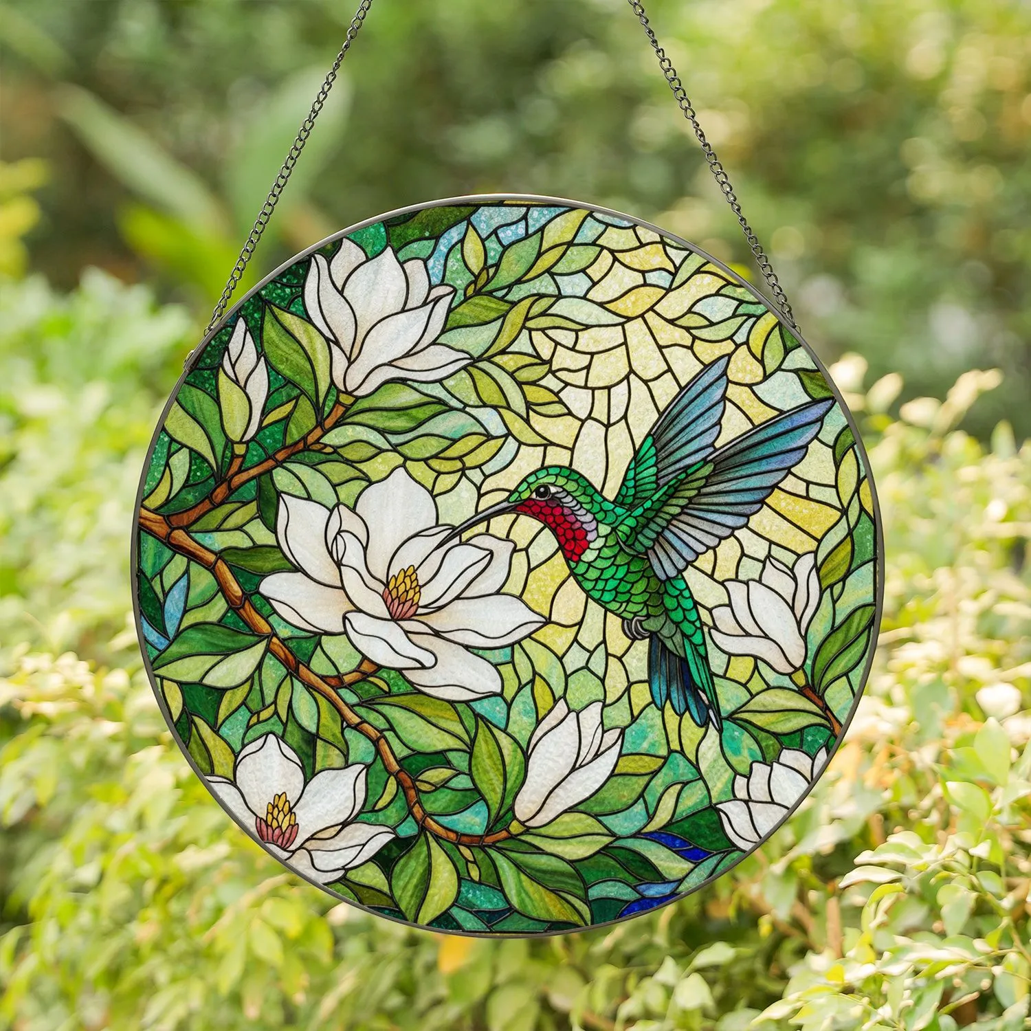 Iridescent Hummingbird Magnolia Flower Stained Glass Art - Glowing Jewel Tone Garden Stained Glass Suncatcher - 1