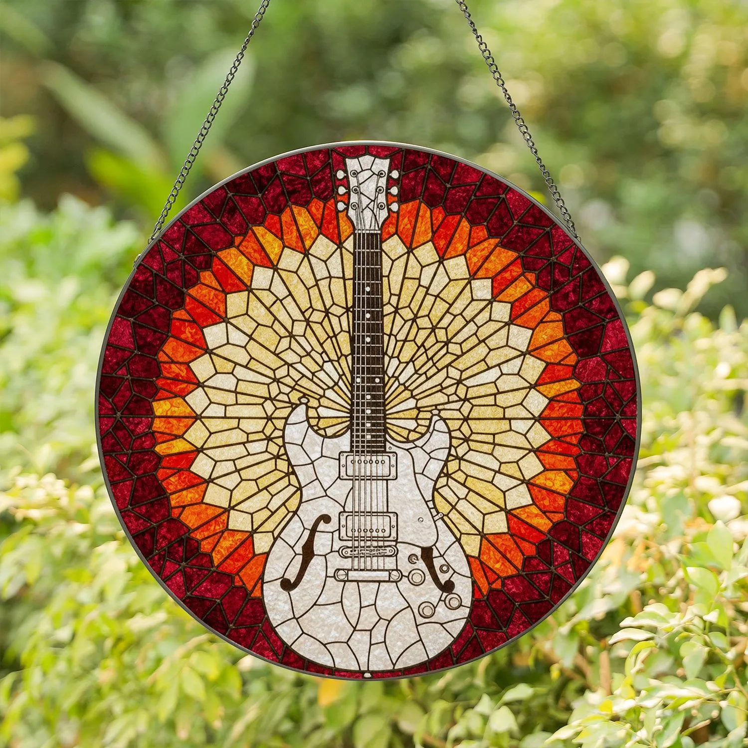 Hollow-body Electric Guitar Tiffany Stained Glass Art - Mosaic Pattern Music Lover Gift Stained Glass Suncatcher - 1