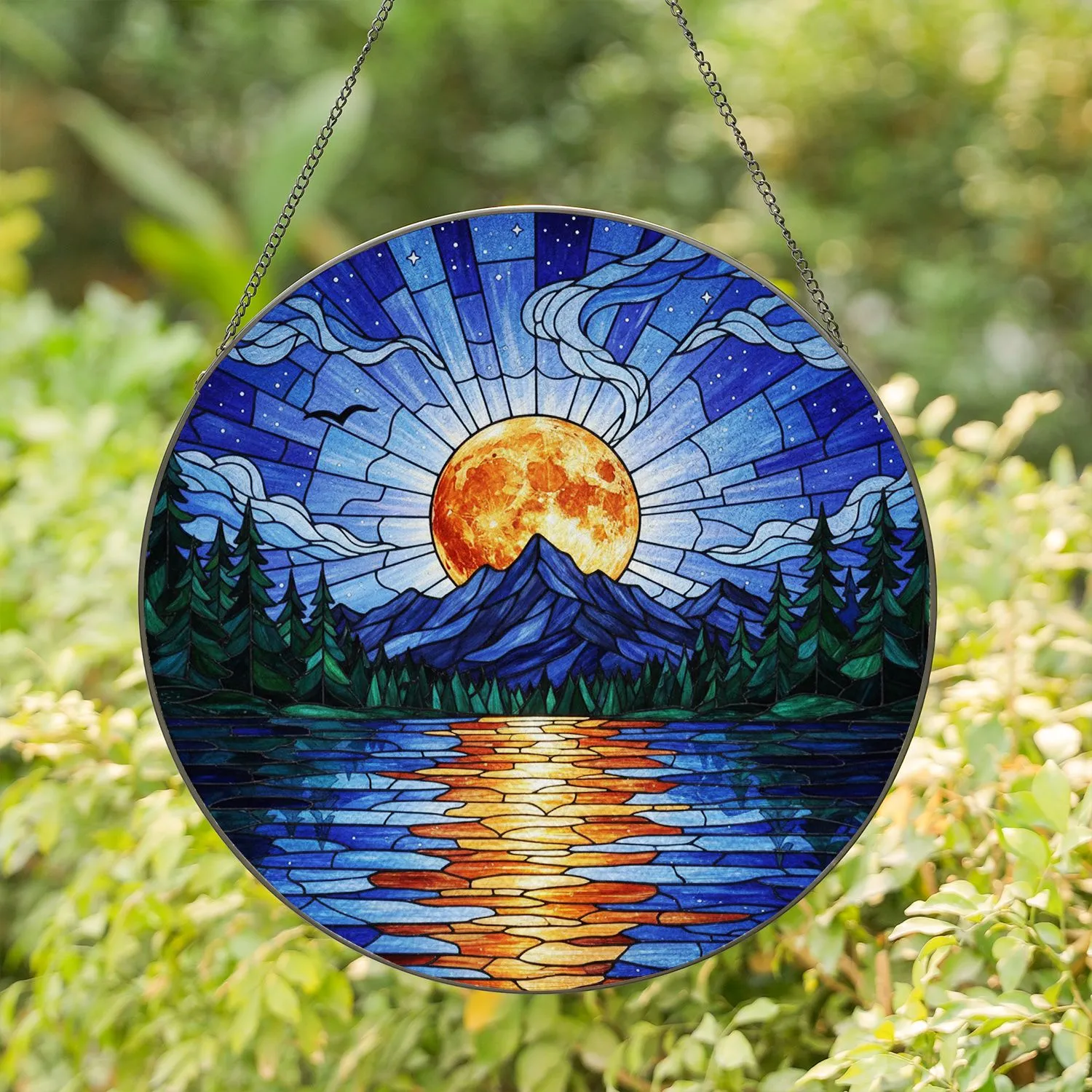 Radiant Cracked Full Moon Mountain Lake Forest - Starry Twilight Stained Glass Horizon Stained Glass Suncatcher - 1