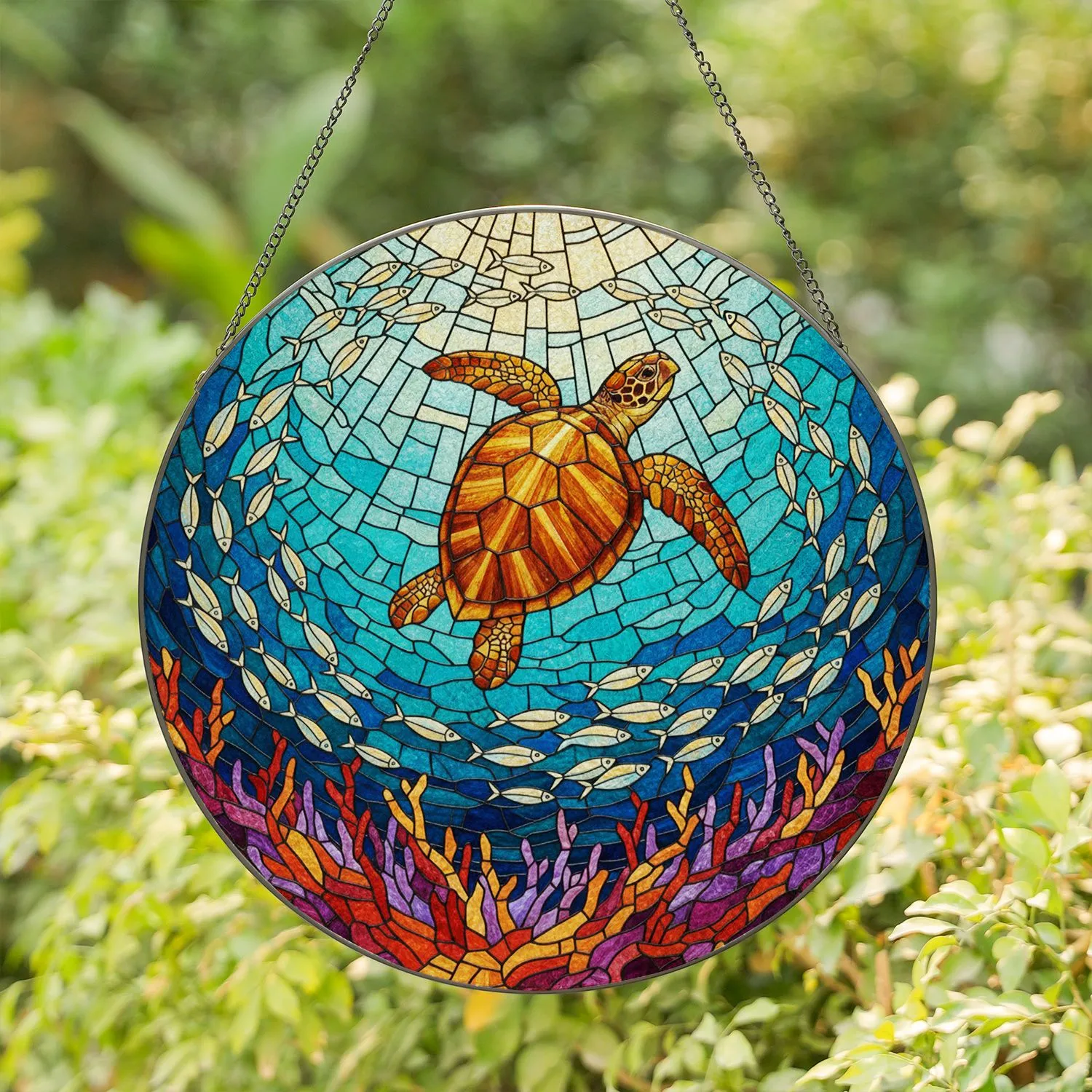 Sea Turtle Ocean Scene with Fish & Coral Reef - Tiffany Stained Glass Style Decor Stained Glass Suncatcher - 1