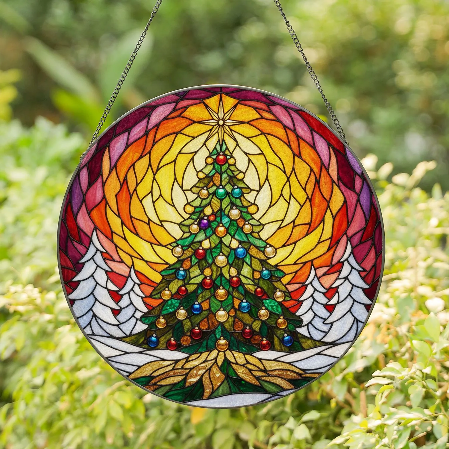 Stained Glass Christmas Tree Evergreen Snow Mosaic Sky Jewel Tones - Festive Holiday Decor Stained Glass Suncatcher - 1