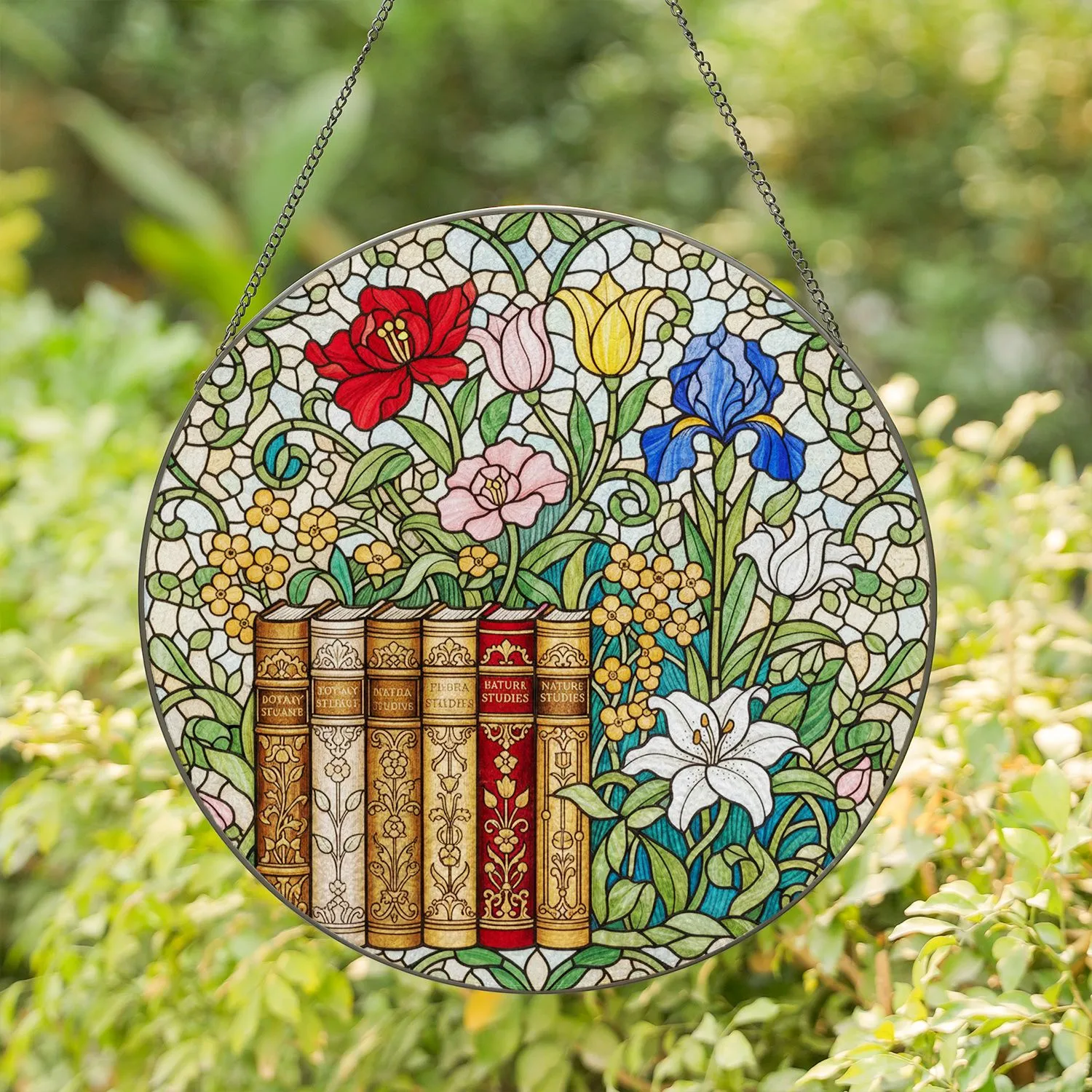 Tiffany Style Stained Glass Bookshelf Blooming Garden Flowers Intricate Mosaic Stained Glass Suncatcher - 1