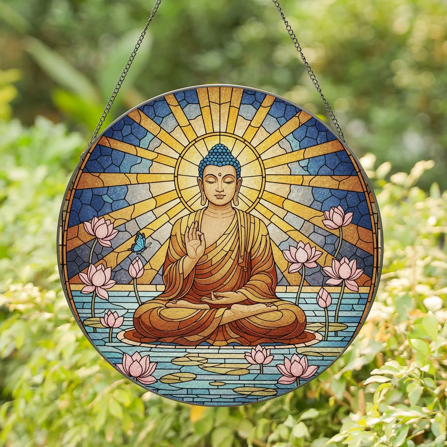 Buddha Figure Lotus Flowers Stained Glass - Tiffany Style Meditation Zen Decor Gift Stained Glass Suncatcher - 1