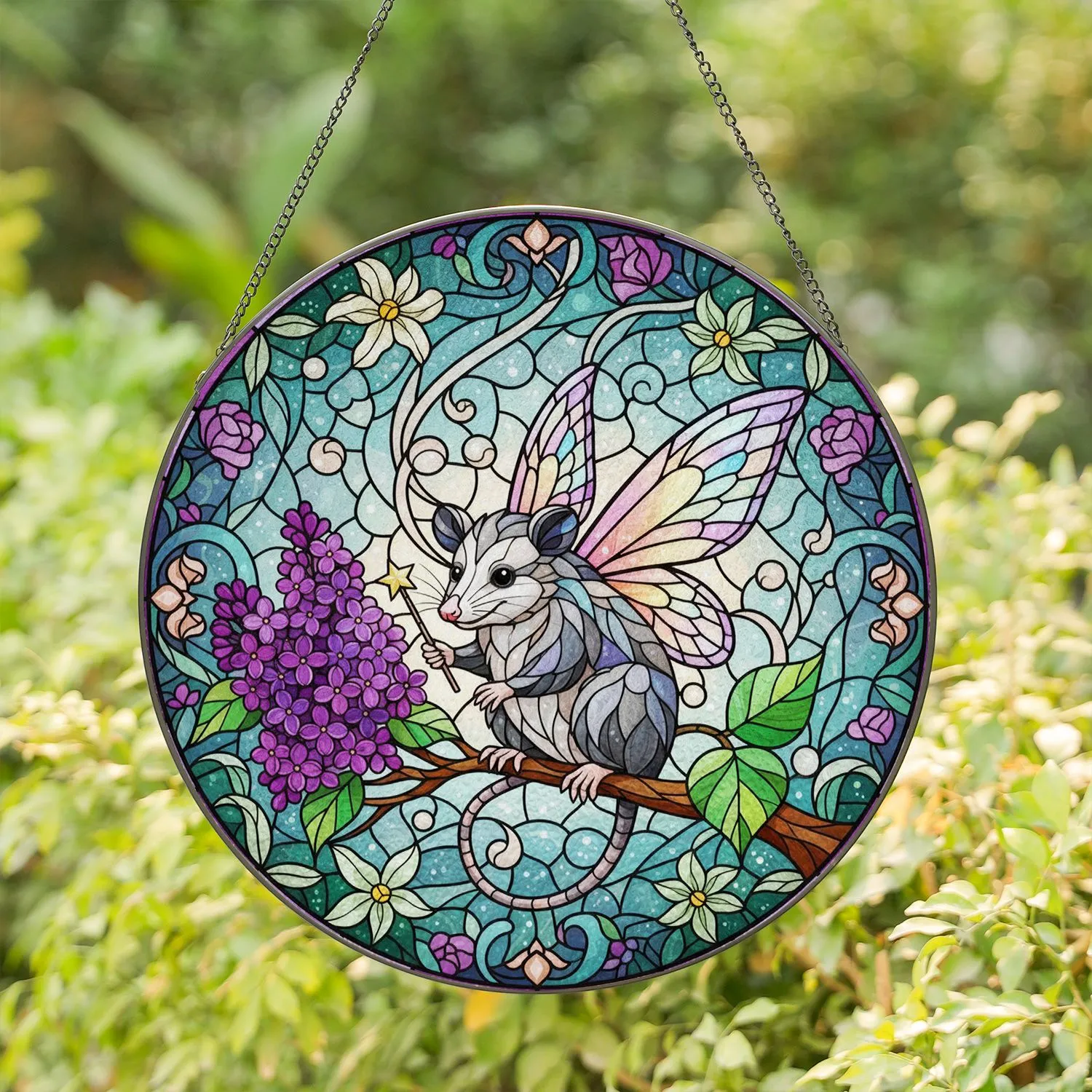 Iridescent Fairy Opossum Stained Glass - Tiffany Style Lilac Flowers Magic Wand Forest Mosaic Stained Glass Suncatcher - 1