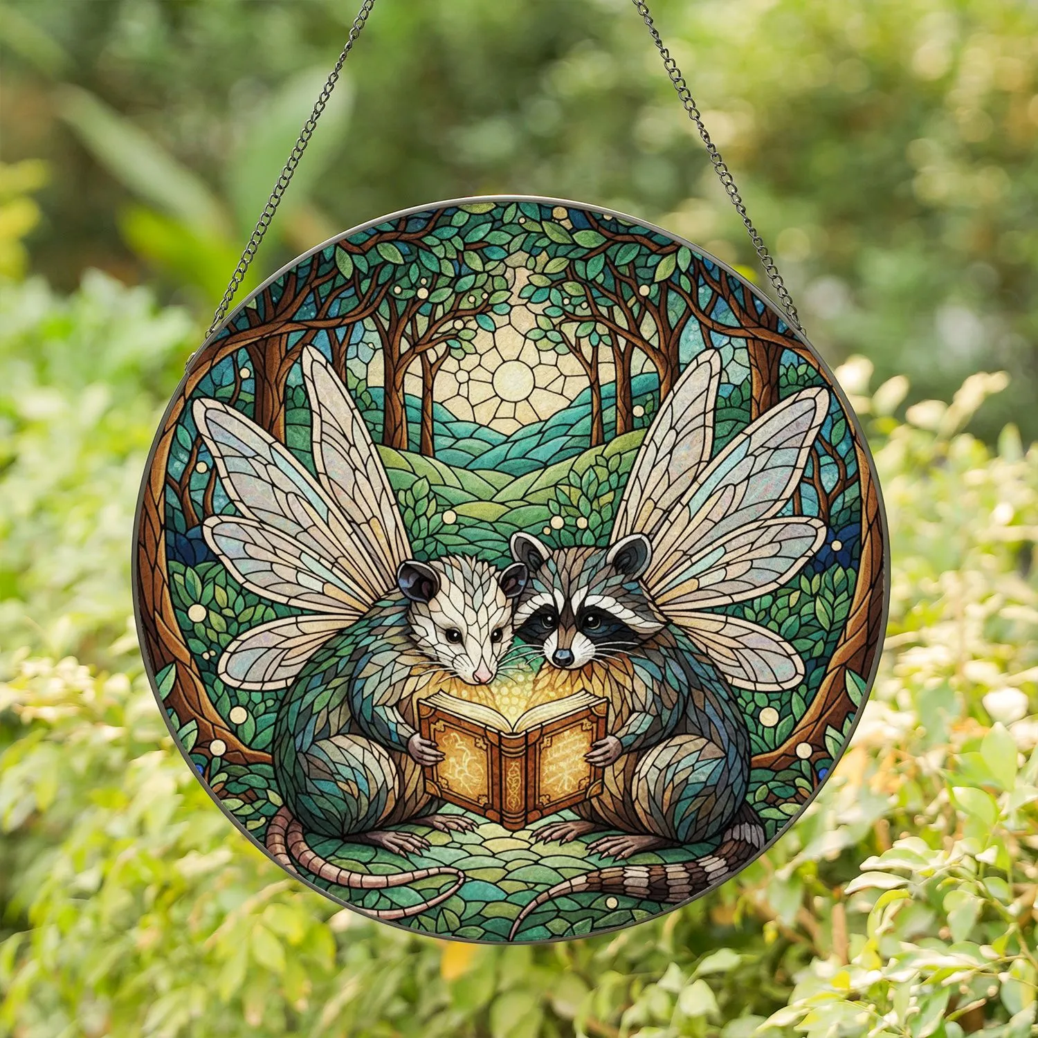 Opossum Raccoon Fairy Wings, Stained Glass Mosaic Forest, Storybook Reading Art Stained Glass Suncatcher - 1