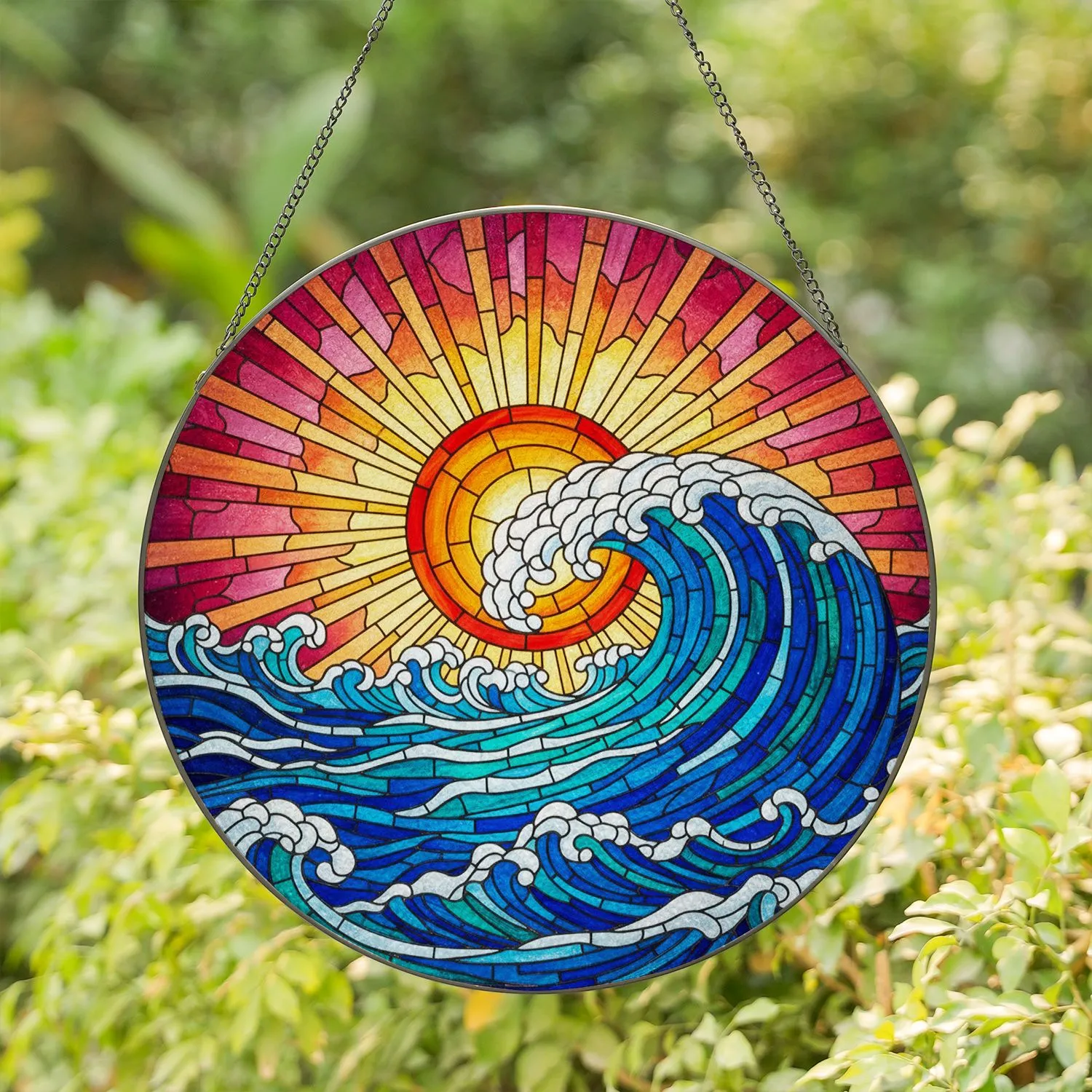 Massive Ocean Wave Orange Sun Stained Glass - Colorful Tiffany Jewel Tones Sunrise Sky Stained Glass Suncatcher - 1