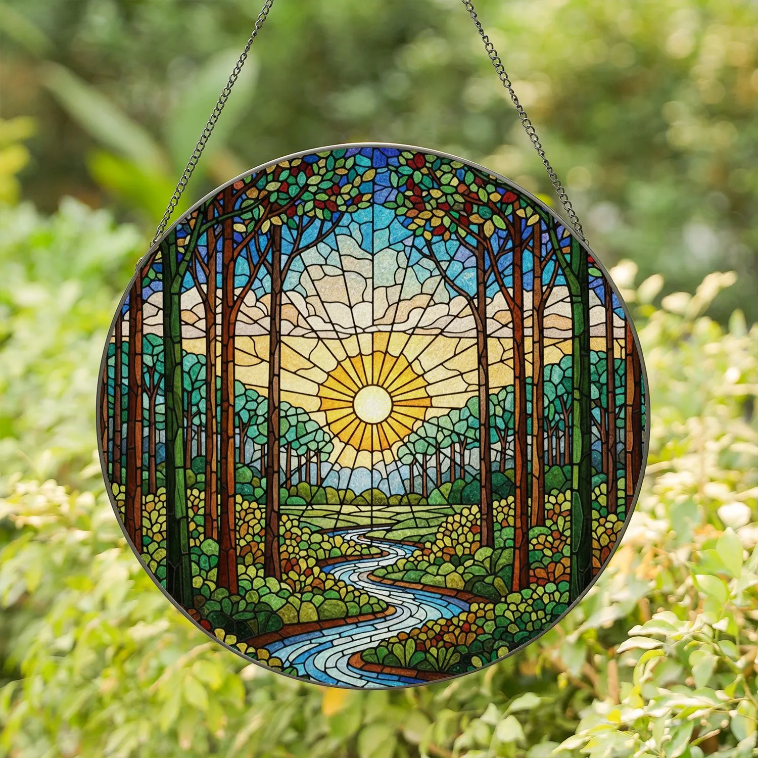 Radiant Sun Forest Clearing Stained Glass - Intricate Tiffany Jewel Tone Nature Art Stained Glass Suncatcher - 1