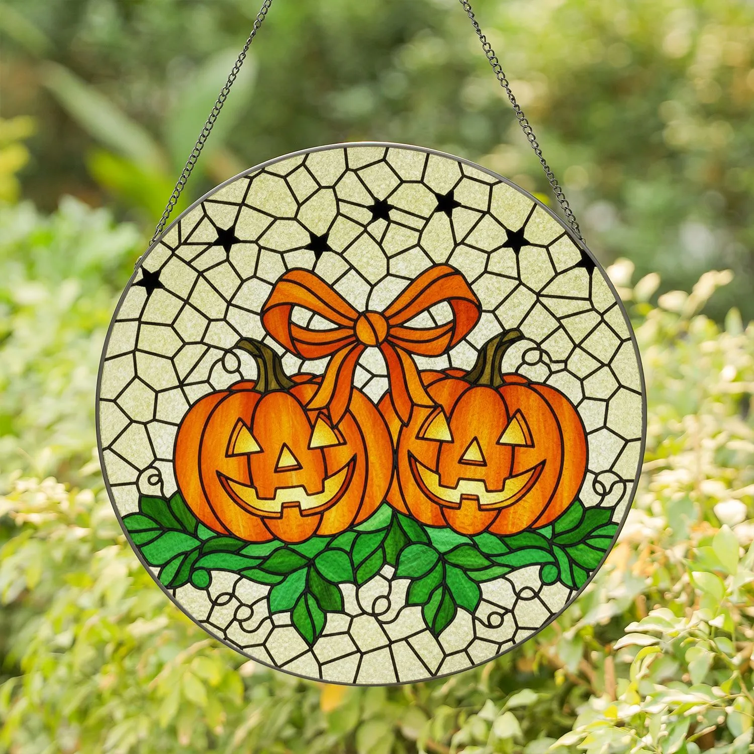 Cheerful Jack-O'-Lanterns Stained Glass Tiffany Style - Orange Bow, Green Leaves, Black Stars Stained Glass Suncatcher - 1