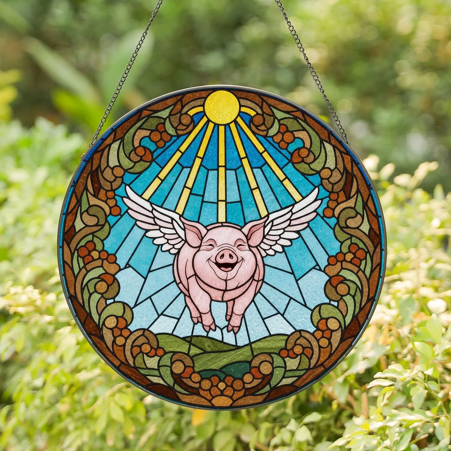 Plump Pink Flying Pig Stained Glass Art - Tiffany Style Sunbeams Sky Intricate Earthy Border Stained Glass Suncatcher - 1