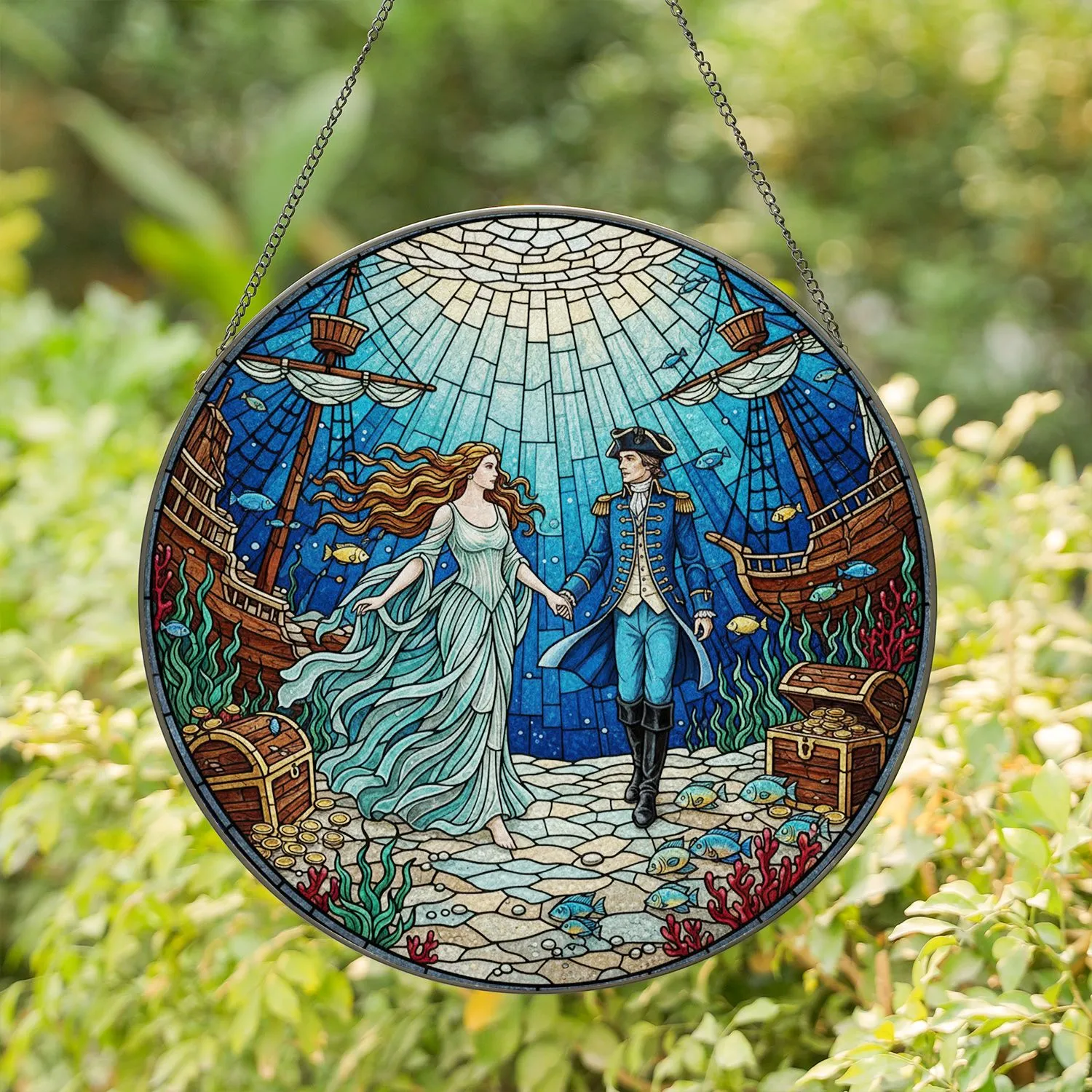 Underwater Stained Glass: Tricorne Hat Man, Flowing Hair Woman, Sunken Ship, Coral Fish Stained Glass Suncatcher - 1