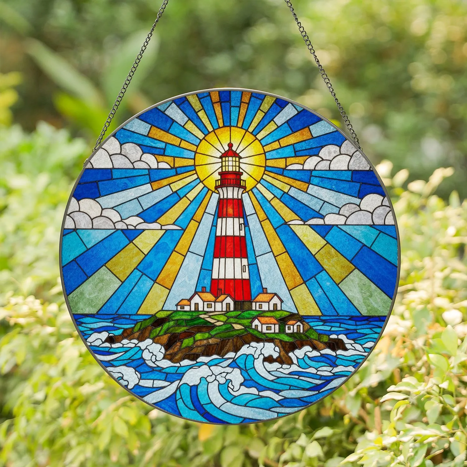 Red White Lighthouse Ocean Waves Seascape Tiffany Glass Art Craggy Island Clouds Stained Glass Suncatcher - 1